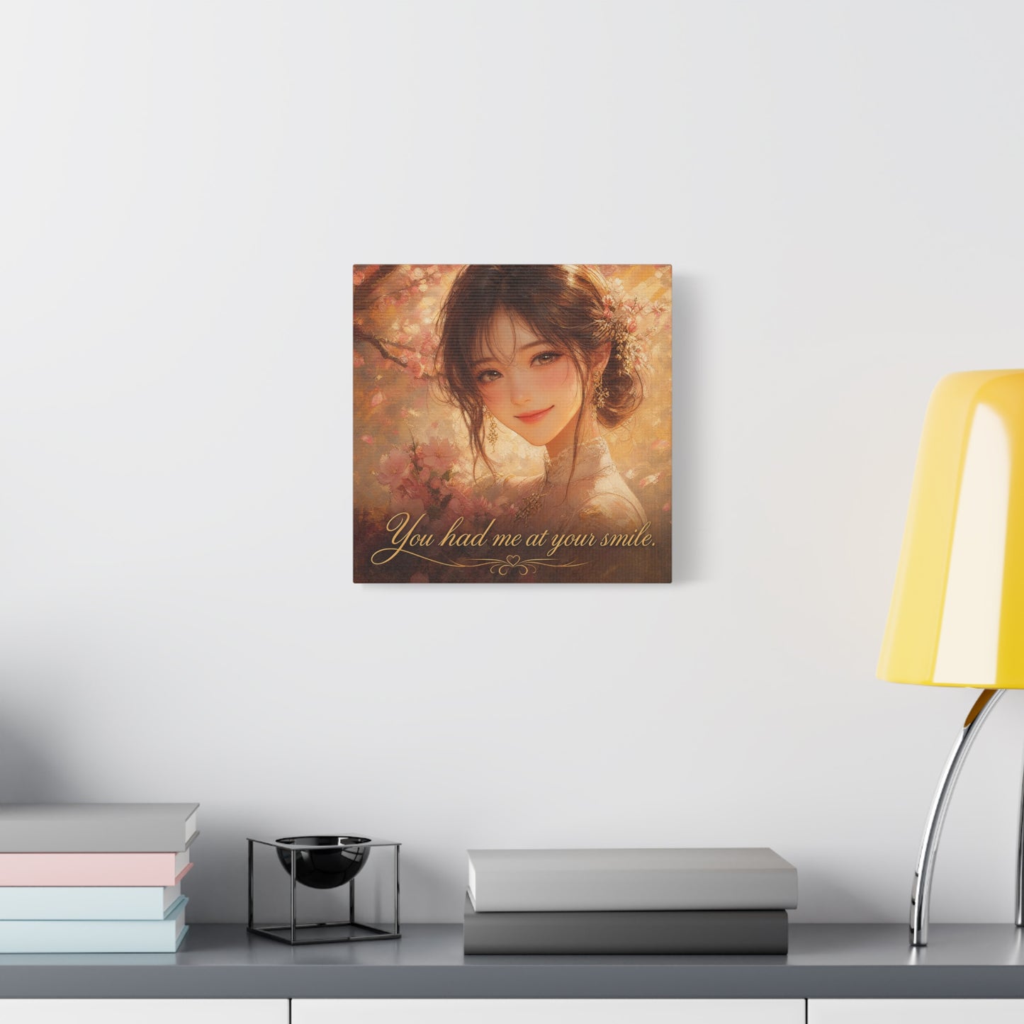 You Had Me At Your Smile Portrait Canvas Wall Art - Romantic Floral Woman Quote Print - Golden Blush Illustration - Traditional Style Living Room Decor - Ready to Hang - Living Room Wall Decor