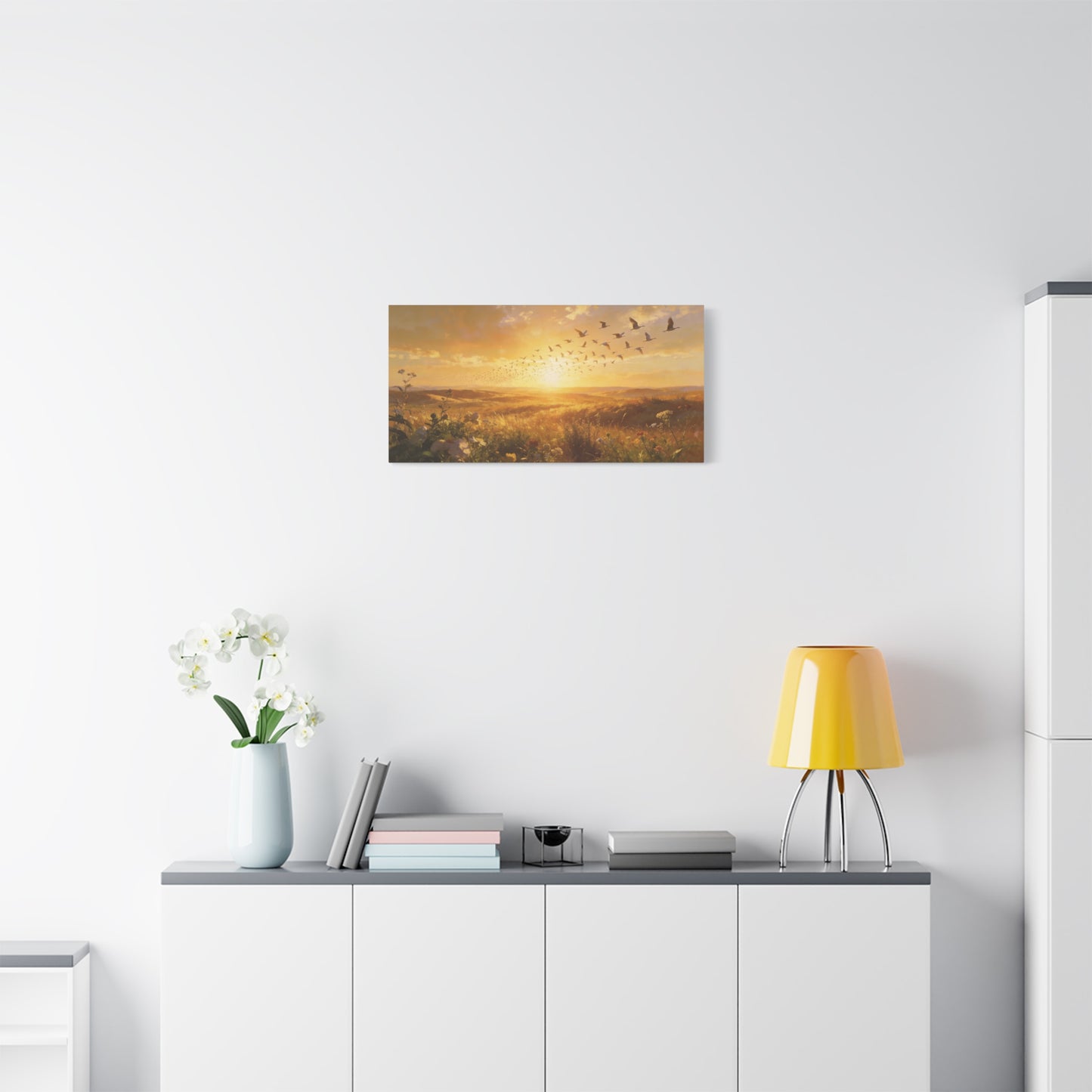 Golden Meadow Sunrise Canvas Wall Art - Flying Birds Over Wildflower Landscape, Lighted Patriotic Wall Hanging Banne Tone, Matte Finish Print - Rustic Living Room Decor - Bedroom Home Decoration