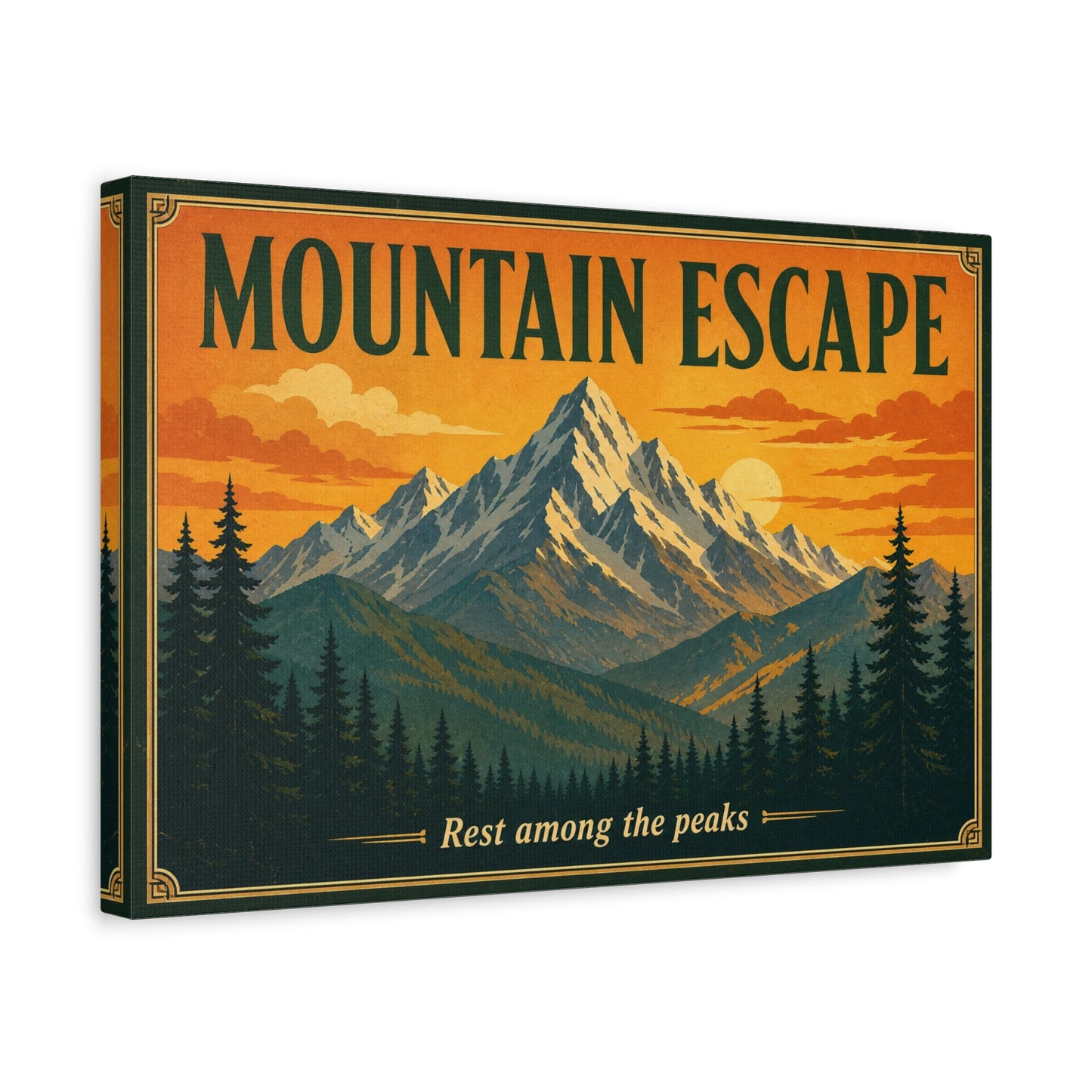 "Mountain Escape" Canvas Wall Art - Vintage Mountain Landscape Print, Sunset Pine Forest Poster Style - "Rest Among The Peaks" - Rustic Cabin Wall Decor, Living Room Home Accent - Ready to Hang