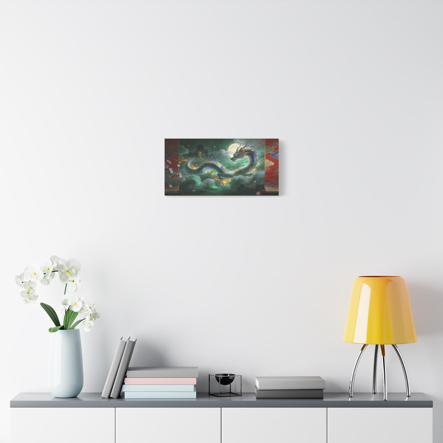 Moonlit Chinese Dragon Canvas Wall Art - Fantasy Cloudscape, Cherry Blossoms, Gold Accents - Luminous Asian Illustration - Living Room Wall Decor, Bedroom Home Decoration - Bedroom Home Decoration