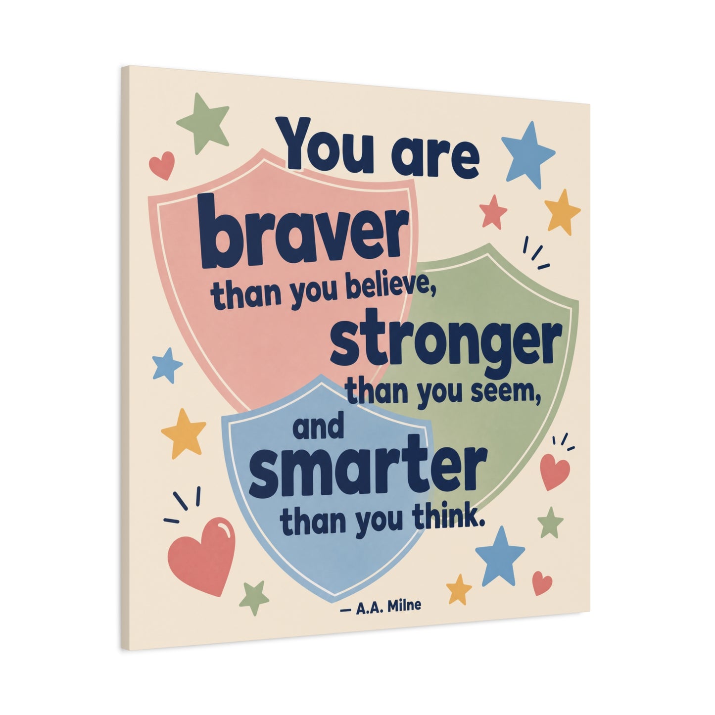 "You Are Braver, Stronger, Smarter" Quote Canvas Wall Art - Kids Inspirational Typography Print, Pastel Shield Stars Hearts Design - Nursery Bedroom Classroom Decor - Office Wall Art - Ready to Hang