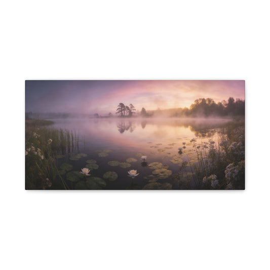 Misty Lake Sunrise Canvas Wall Art - Water Lily Pond Landscape Art Print, Soft Pink And Gold Sky - Serene Nature Decor - Matte Finish Canvas Print - Living Room Wall Decor Bedroom Home Decoration