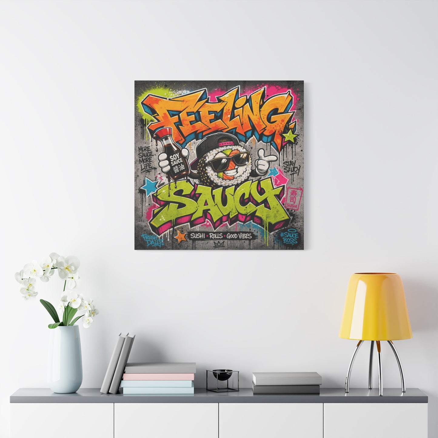"Feeling Sauce" Graffiti Canvas Wall Art - Sushi Roll Street Illustration, Urban Pop Typography, Matte Cotton Print, Contemporary Decor for Kitchen Nook, Dining Space, Cafe Interior Accent