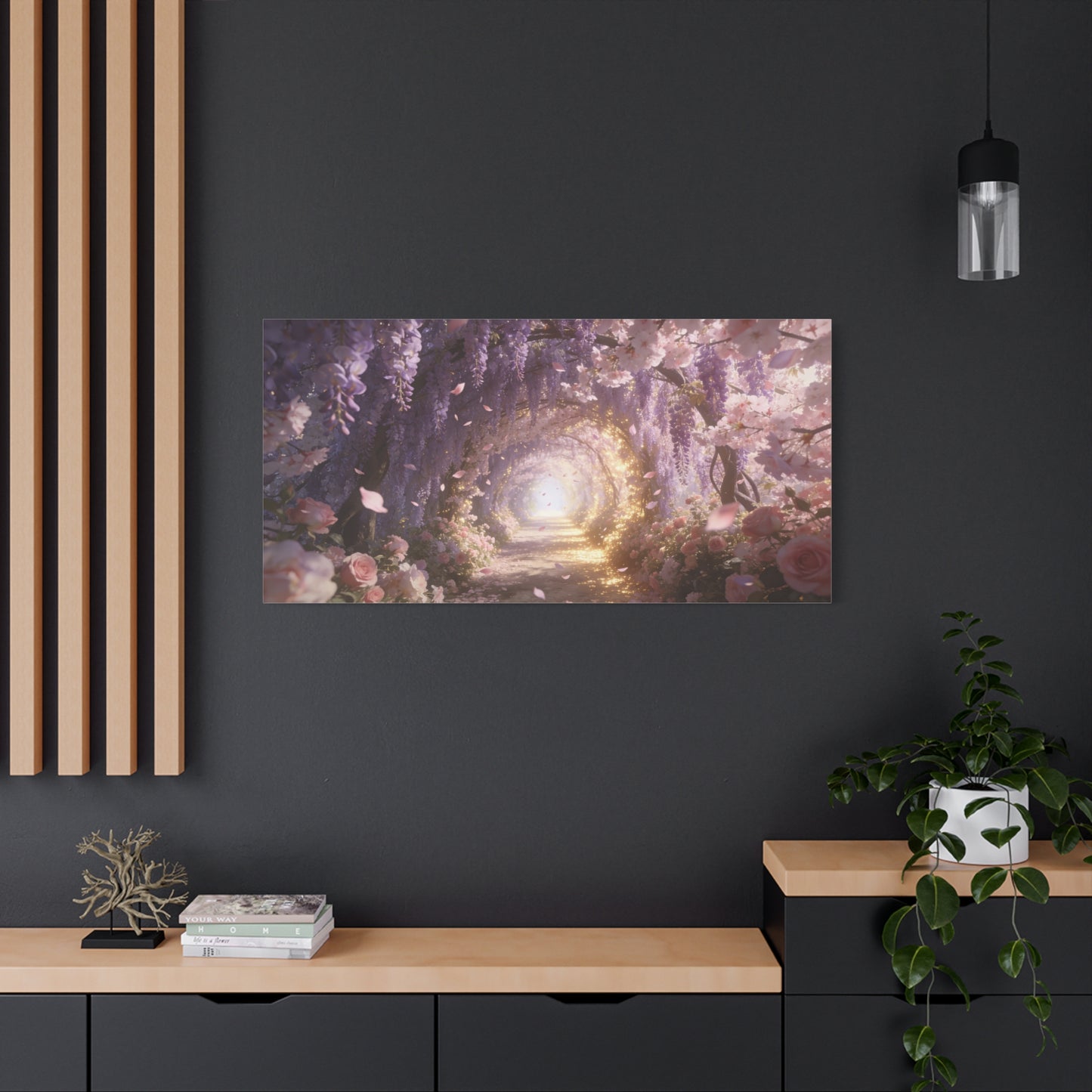 Wisteria Blossom Tunnel Canvas Wall Art - Cherry Blossom Garden Path, Ethereal Floral Wall Decor - Dreamy Matte Canvas Print - Romantic Bedroom Home Decoration, Living Room Accent - Ready to Hang