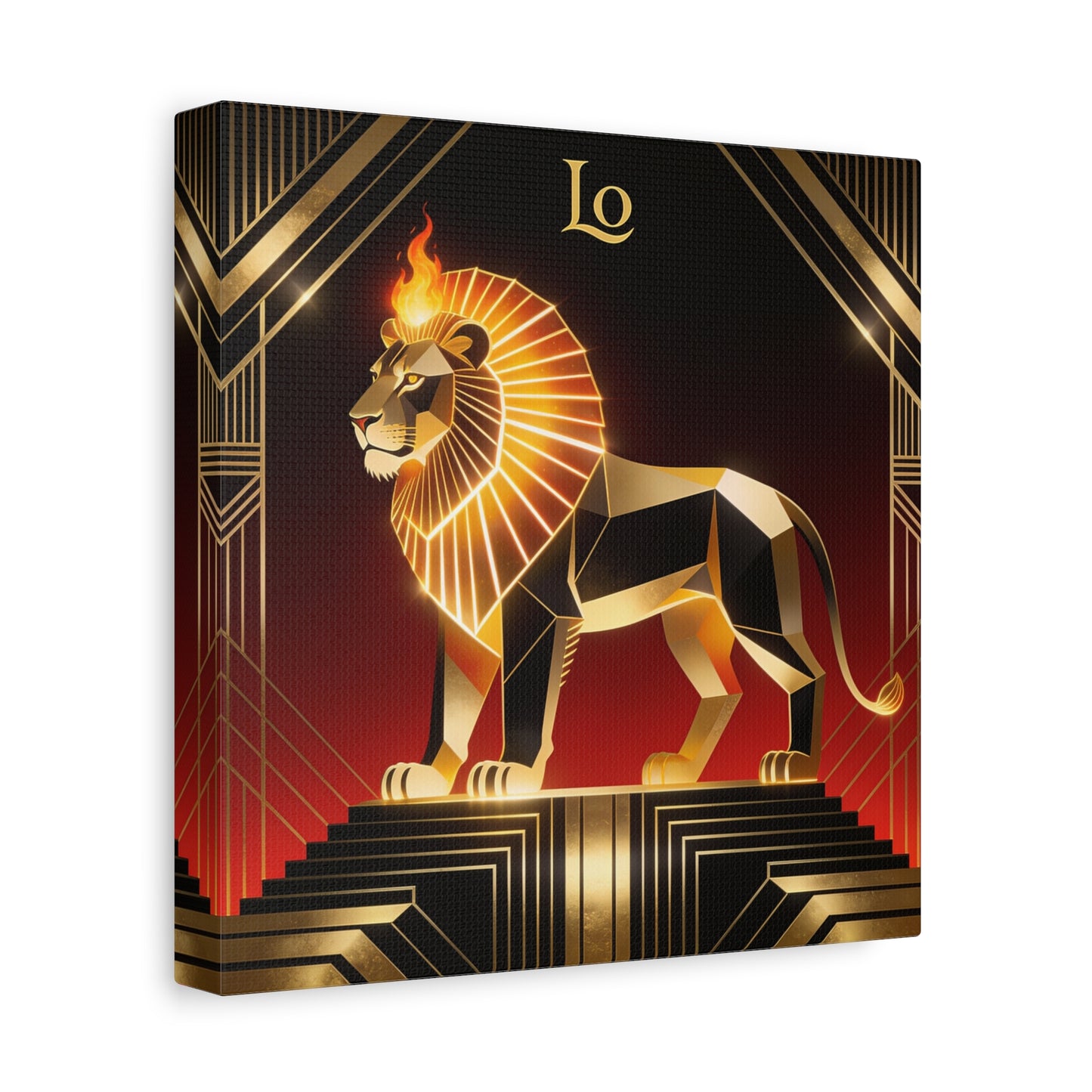 "Lo" Geometric Lion Canvas Wall Decor - Art Deco Gold Black Red Animal Print - Flaming Mane Illustration, Modern Luxe Interior Accent, Living Room Home Decoration - Living Room Wall Decor