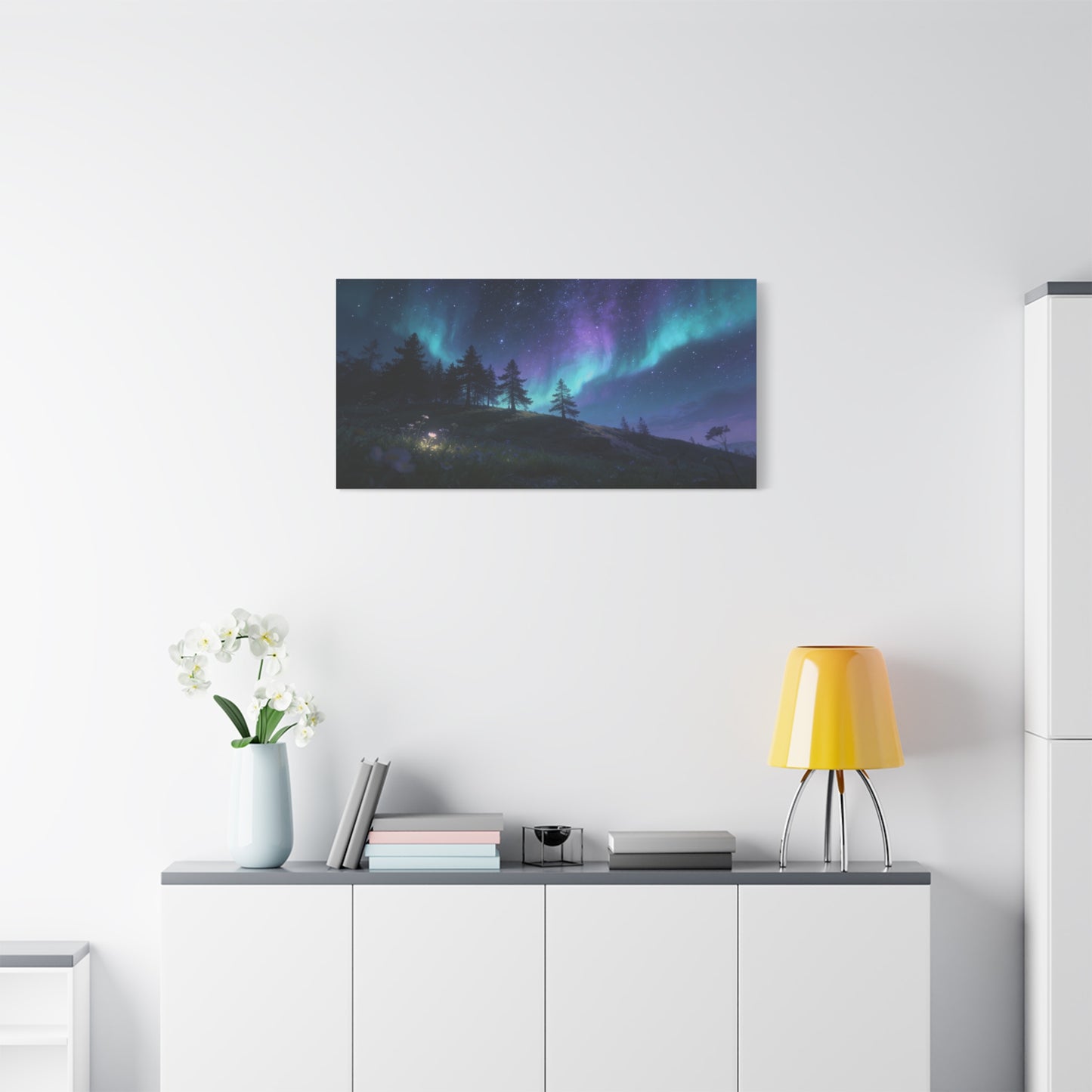 Northern Lights Canvas Wall Art - Aurora Borealis Night Sky Landscape Print, Starry Forest Meadow, Calming Contemporary Decor - Living Room Wall Decor, Bedroom Home Decoration - Modern Farmhouse Style