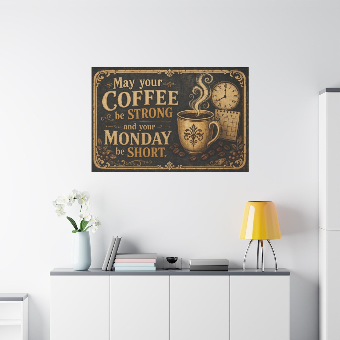 "May Your Coffee Be Strong And Your Monday Be Short" Canvas Wall Art - Vintage Coffee Cup Quote Print, Rustic Decor, Farmhouse Wall Hanging - Ready to Hang - Bistro Decor - Espresso Bar Sign