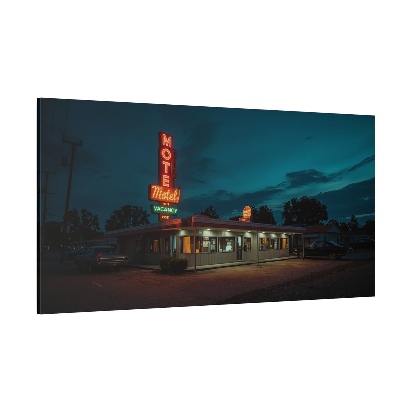 Neon Motel Canvas Wall Art - Vintage Roadside Motel Art Print, Blue Night Sky, Retro Americana Style - Living Room Wall Decor, Home Decoration, Office Art Accent - Bedroom Home Decoration