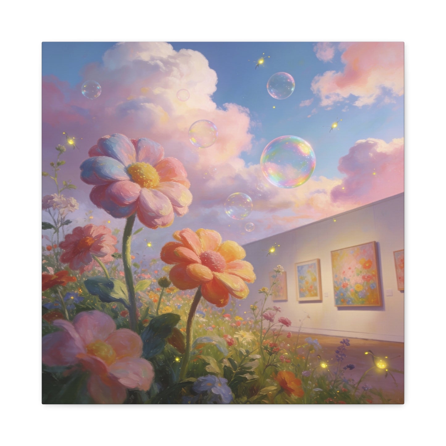 Dreamy Floral Canvas Wall Art - Pastel Wildflower Sky With Iridescent Bubbles, Firefly Glow - Whimsical Matte Canvas Print - Contemporary Bedroom Wall Decor, Living Room Accent - Cozy Reading Nook Art