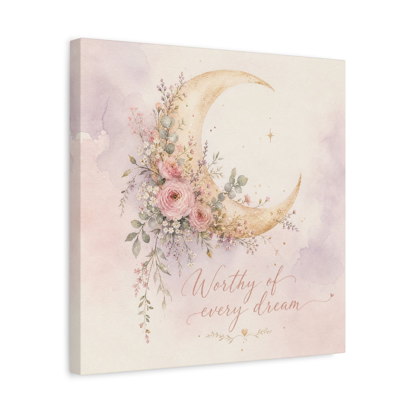 "Worthy Of Every Dream" Moon Canvas Wall Art - Floral Crescent, Inspirational Blush Gold Watercolor - Bohemian Bedroom Wall Decor - Nursery Home Decoration - Bedroom Home Decoration - Ready to Hang