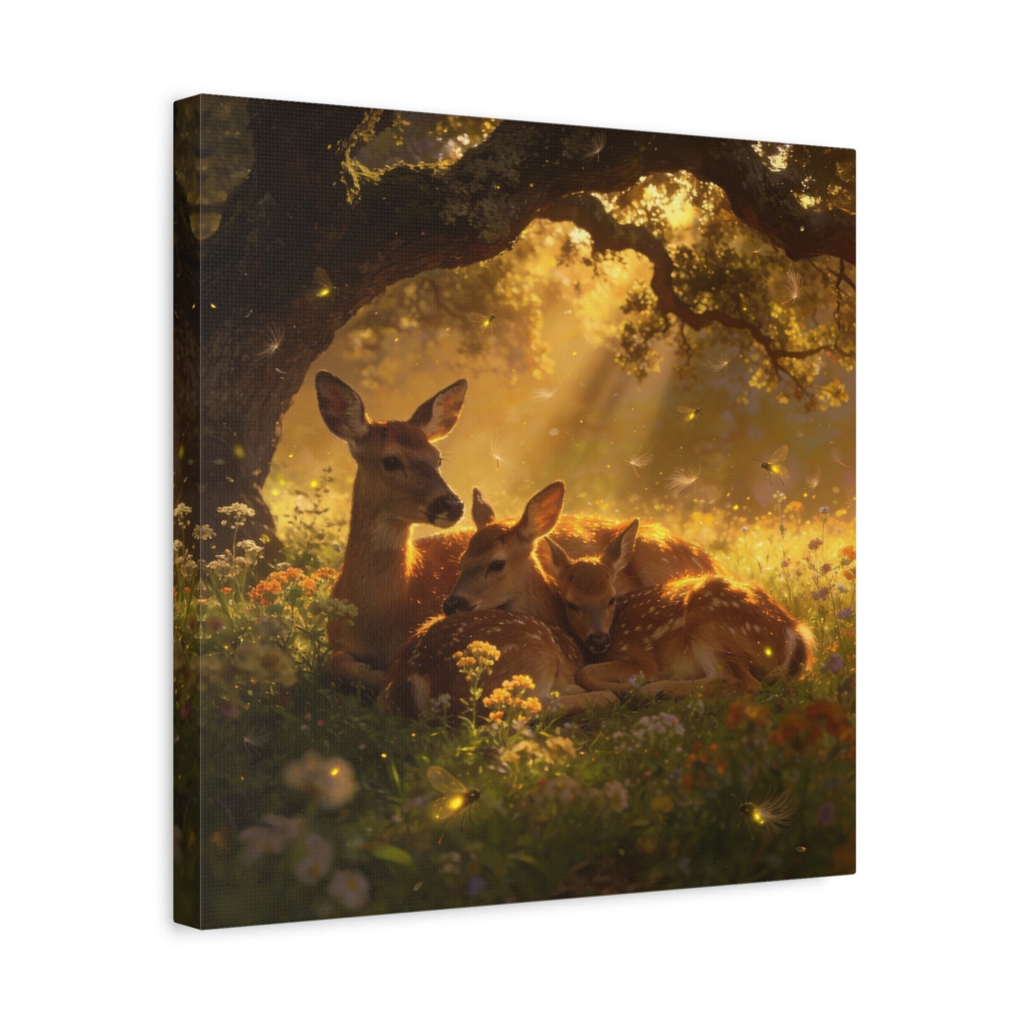 Doe And Fawns Canvas Wall Art - Woodland Deer Family In Golden Light, Whimsical Nature Scene - Matte Finish Cotton Print - Rustic Traditional Style - Bedroom Wall Decor - Bedroom Home Decoration
