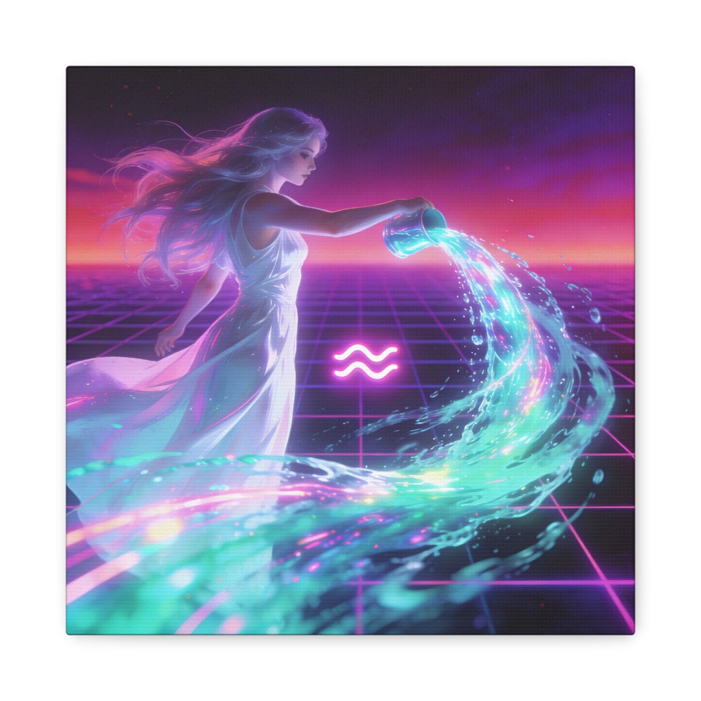 Aquarius Woman Canvas Wall Art - Neon Water Bearer Zodiac Illustration, Retro Synthwave Aesthetic - Matte Canvas Print - Bedroom Wall Decor, Home Office Accent, Mystical Decor - Modern Farmhouse Style