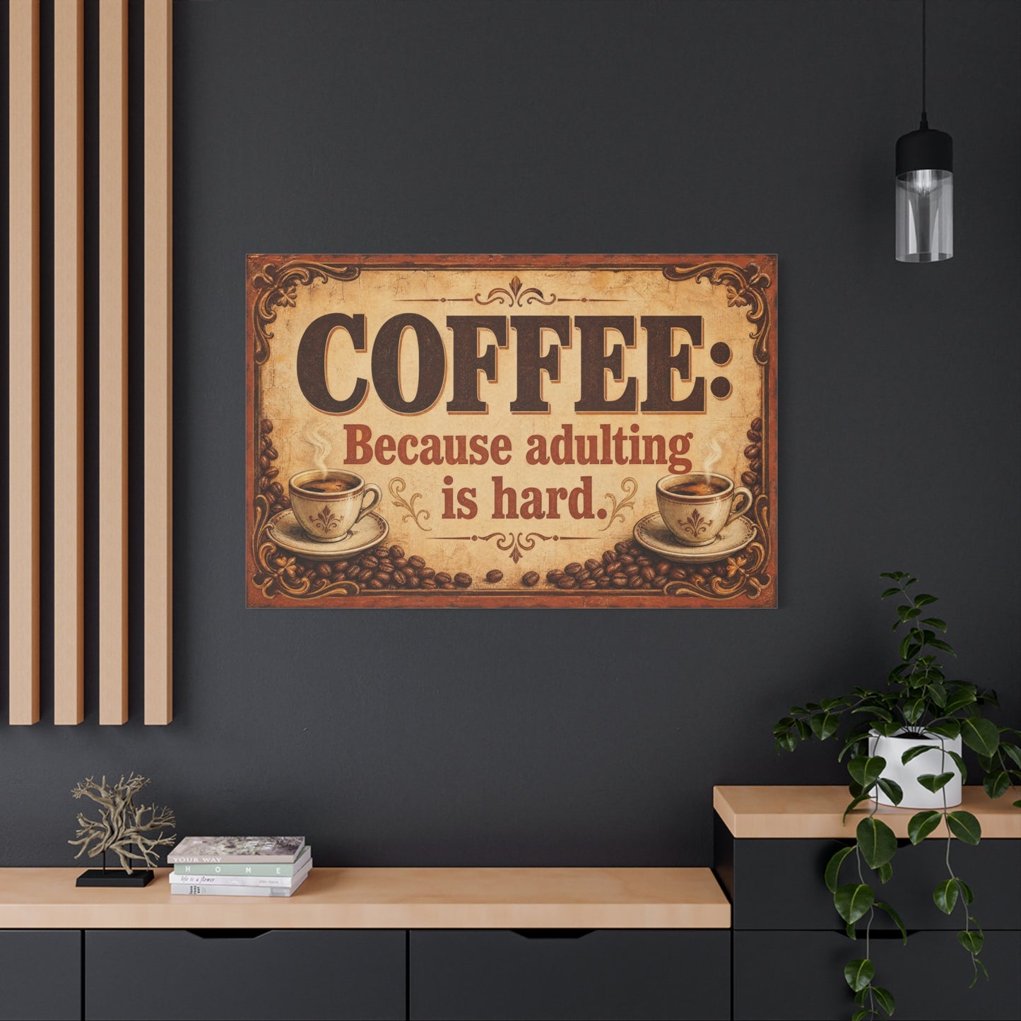 "Coffee: Because Adulting Is Hard." Coffee Canvas Wall Art - Vintage Decor, Rustic Farmhouse Style, Funny Cafe Quote Print - Office Wall Art - Ready to Hang - Bistro Decor - Espresso Bar Sign
