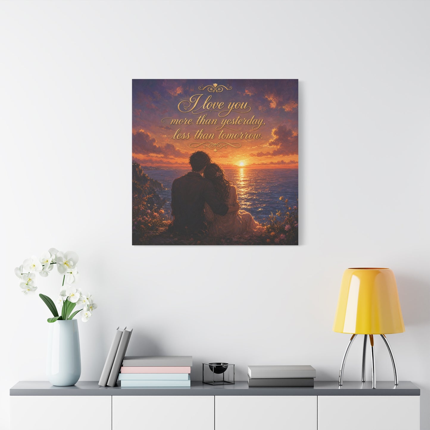 "I Love You More Than Yesterday, Less Than Tomorrow." Love Quote Canvas Wall Art - Romantic Sunset Ocean Couple Silhouette - Gold Script Seascape - Bedroom Wall Decor - Ready to Hang - Ready to Hang