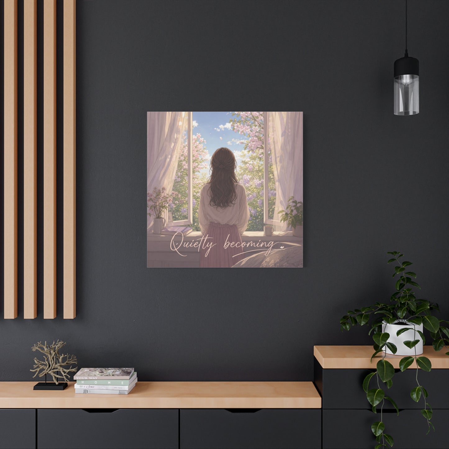 "Quietly Becoming" Girl At Window Canvas Wall Art - Cherry Blossom Bedroom Decor, Soft Pastel Inspirational Print, Dreamy Feminine Room Decoration - Bedroom Home Decoration - Living Room Wall Decor