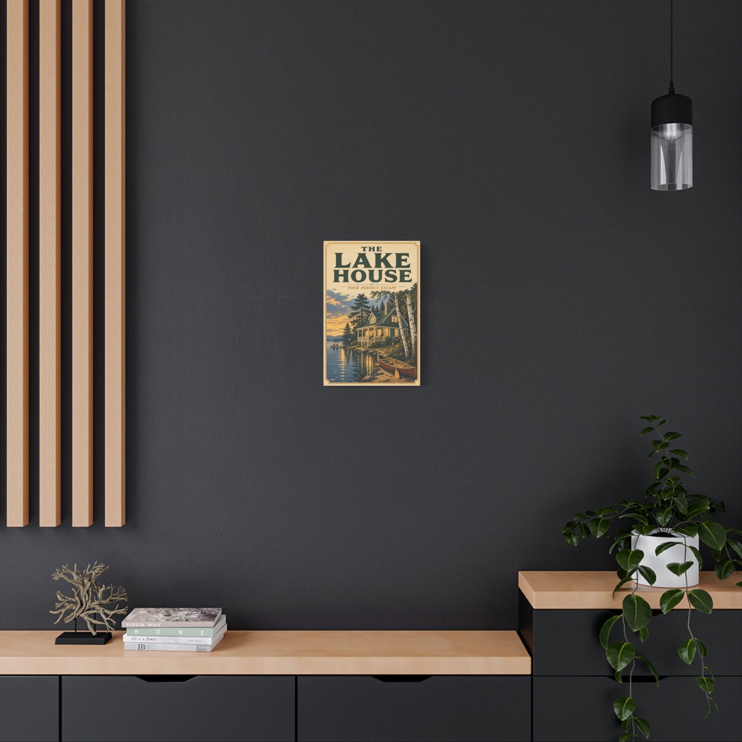 "The Lake House Your ideal Escape" Canvas Wall Art - Vintage Lakeside Cabin, Canoe And Birch Trees - Rustic Landscape Print - Living Room Wall Decor, Cabin Home Decoration - Bedroom Home Decoration