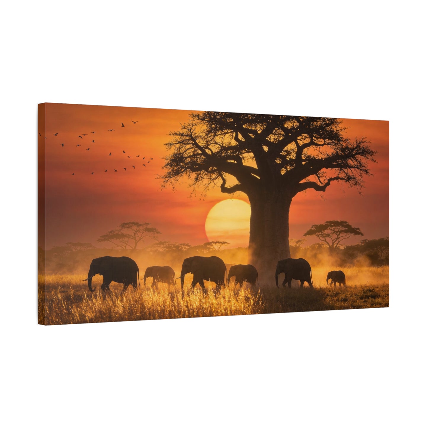 African Elephant Sunset Canvas Wall Art - Baobab Tree Safari Scene, Golden Savanna Wildlife Print - Matte Cotton Canvas, Rustic Contemporary Style - Living Room Wall Decor - Bedroom Home Decoration