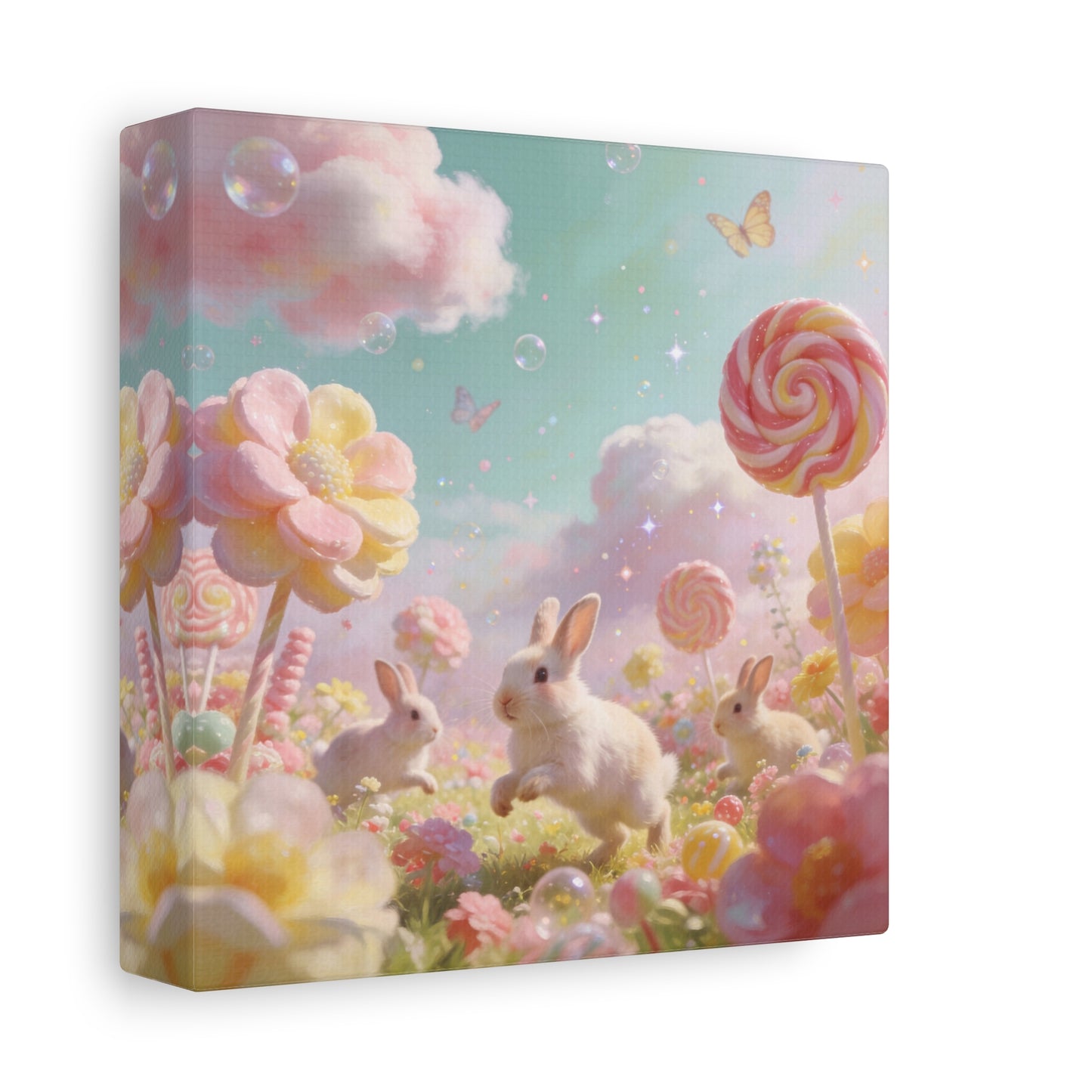 Bunny Candyland Canvas Wall Art - Pastel Rabbit Meadow, Lollipop Flowers, Dreamy Nursery Wall Decor - Whimsical Illustration - Bedroom Home Decoration, Kids Room Accent - Bedroom Home Decoration
