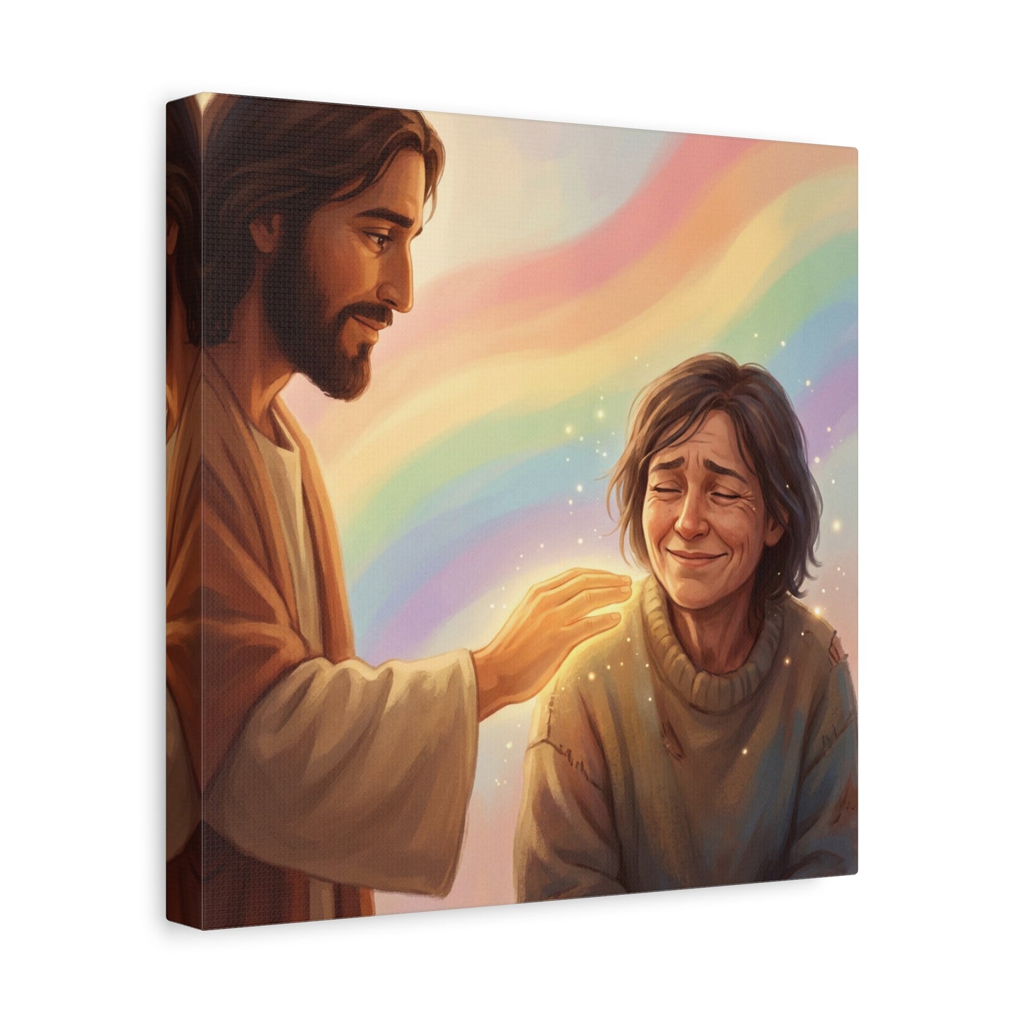 Jesus Christ Comforting Woman Canvas Wall Art - Rainbow Christian Wall Decor, Faith Home Decoration - Matte Canvas Print, Inspirational Religious Artwork - Living Room Bedroom Office - Ready to Hang