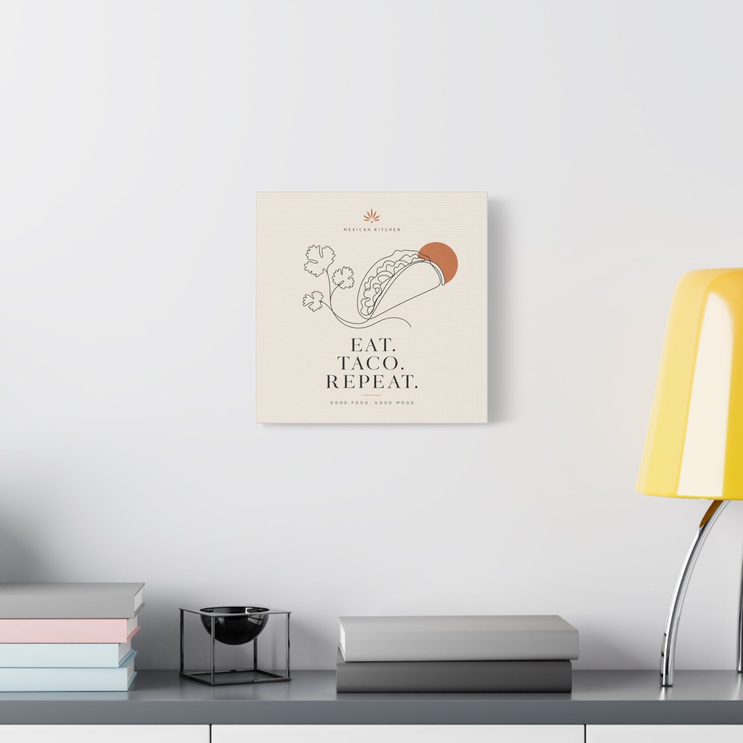 "Eat. Taco. Repeat." Mexican Kitchen Canvas Wall Art - Minimalist Taco Line Illustration, Terracotta Sun, Typography Print - Modern Kitchen Decor, Cafe Wall Decor, Dining Room Accent - Ready to Hang