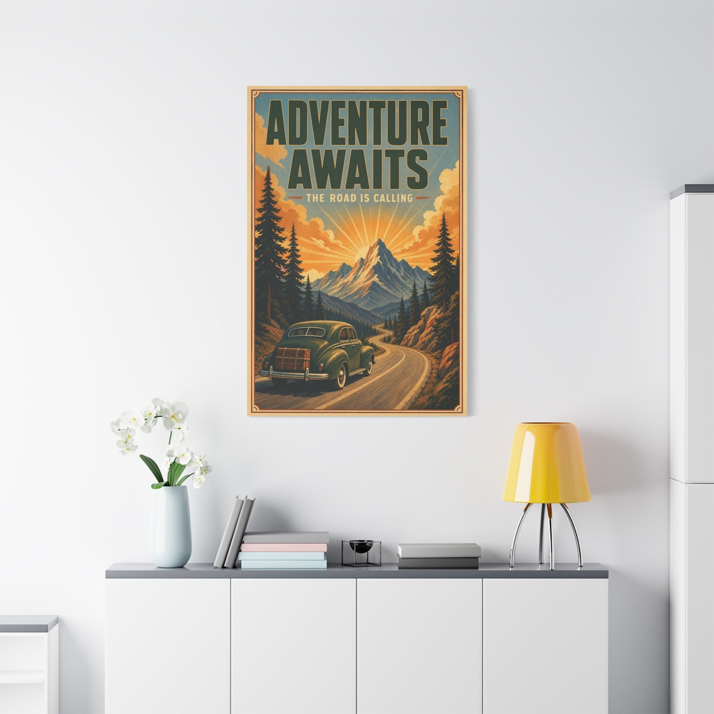 "Adventure Awaits The Road Is Calling" Vintage Travel Canvas Wall Art - Mountain Road Sunrise, Retro Car Poster Print - Adventure Decor, Living Room Wall Decor, Office Art - Bedroom Home Decoration