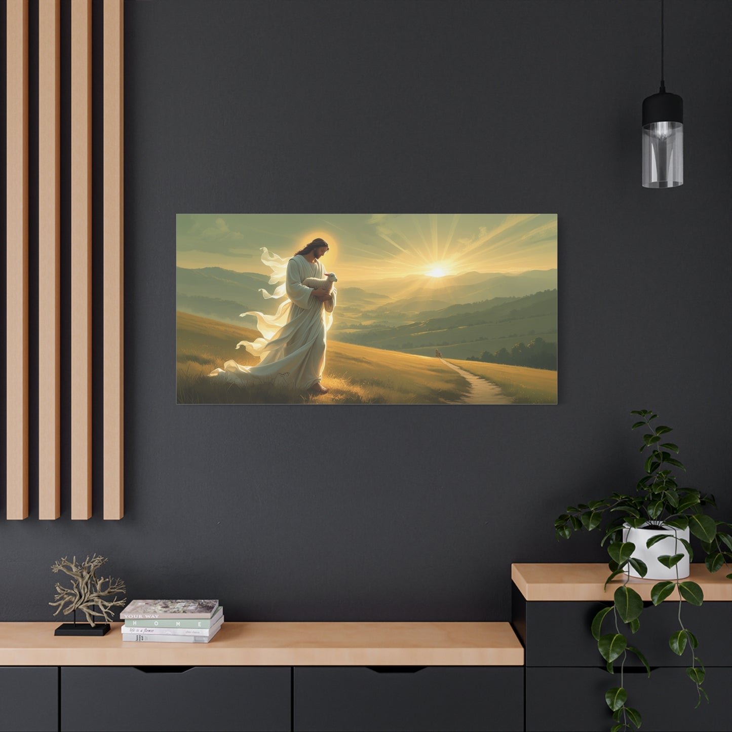 Jesus Holding Lamb Canvas Wall Art - Christian Sunset Landscape Print, Golden Light Faith Decor - Matte Cotton Canvas - Traditional Living Room Wall Decor, Bedroom Home Accent - Modern Farmhouse Style