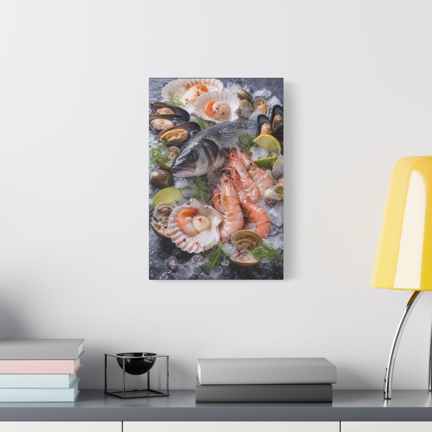 Seafood Still Life Canvas Wall Art - Fish, Shrimp, Scallops On Ice Food Print - Coastal Kitchen Decor, Dining Room Wall Decor, Contemporary Home Decoration, Matte Canvas Print - Modern Farmhouse Style