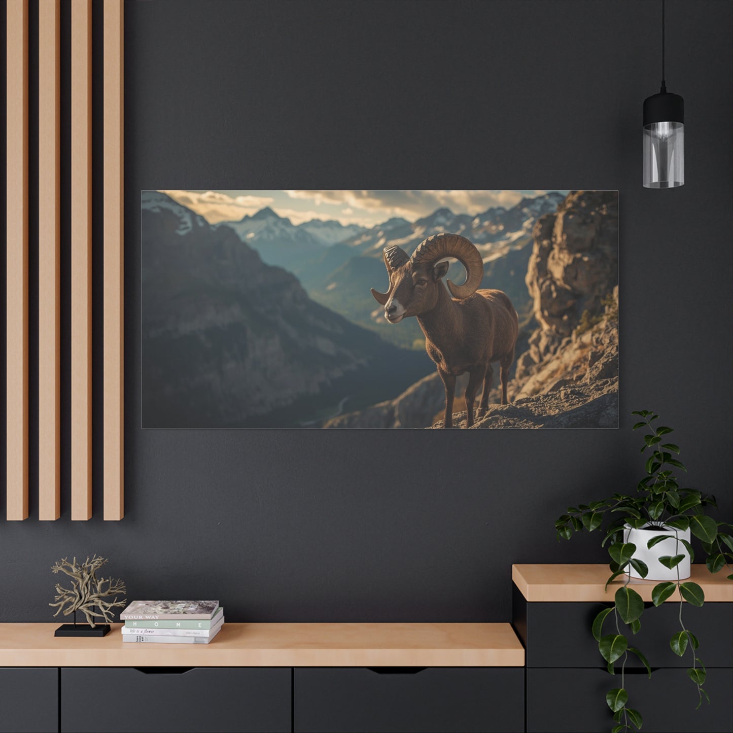 Bighorn Sheep Canvas Wall Art - Mountain Wildlife Art Print, Golden Alpine Cliff Scene - Matte Cotton Artwork - Rustic Lodge Decor, Living Room Wall Decor, Office Art - Bedroom Home Decoration