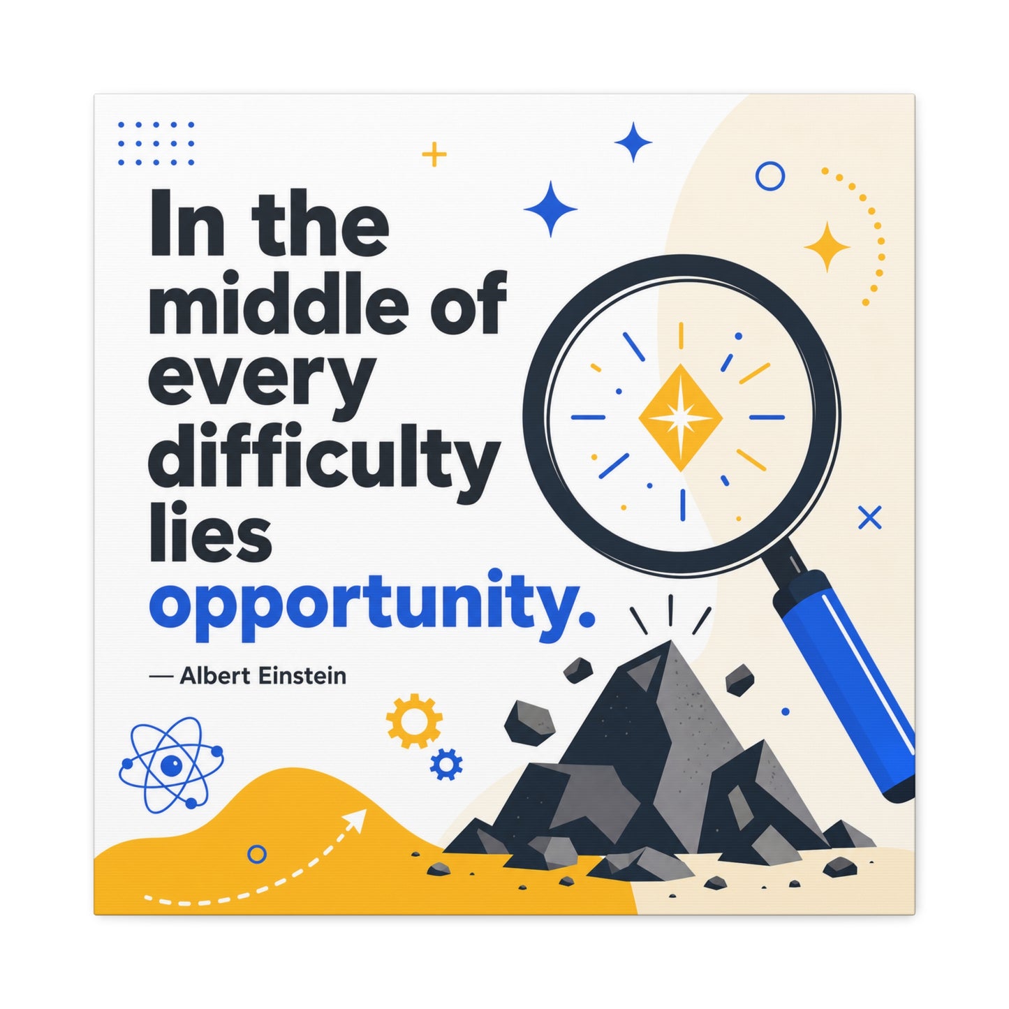 "In The Middle Of Every Difficulty Lies Opportunity." Einstein Canvas Wall Art - Motivational Quote Print, Blue Yellow Modern Typography, Office Decor, Classroom Inspiration, Study Room Accent