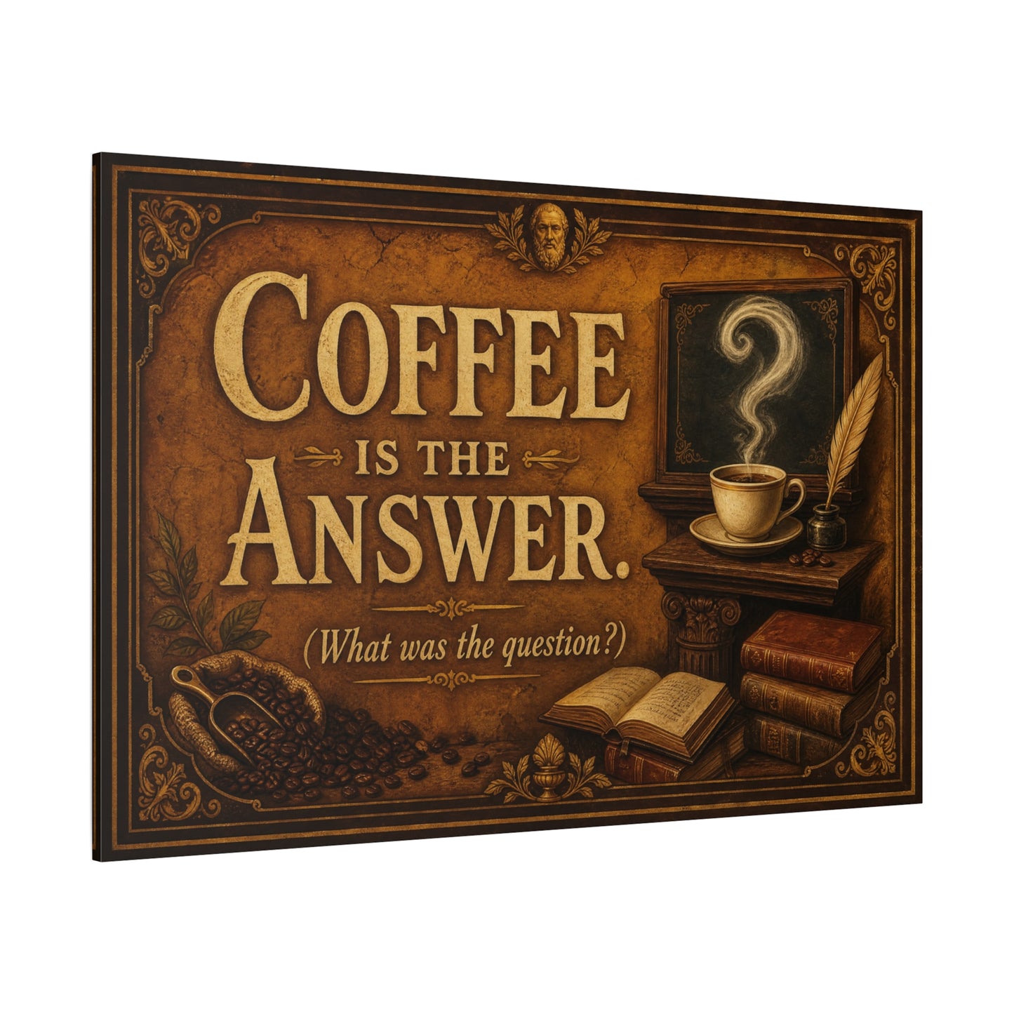 Coffee Is The Answer. What Was The Question Canvas Wall Art - Vintage Coffee Cup, Books, Bean Sack Decor - Rustic Typography Print - Cafe Interior, Study Room Decoration - Cafe Wall Art - Bistro Decor