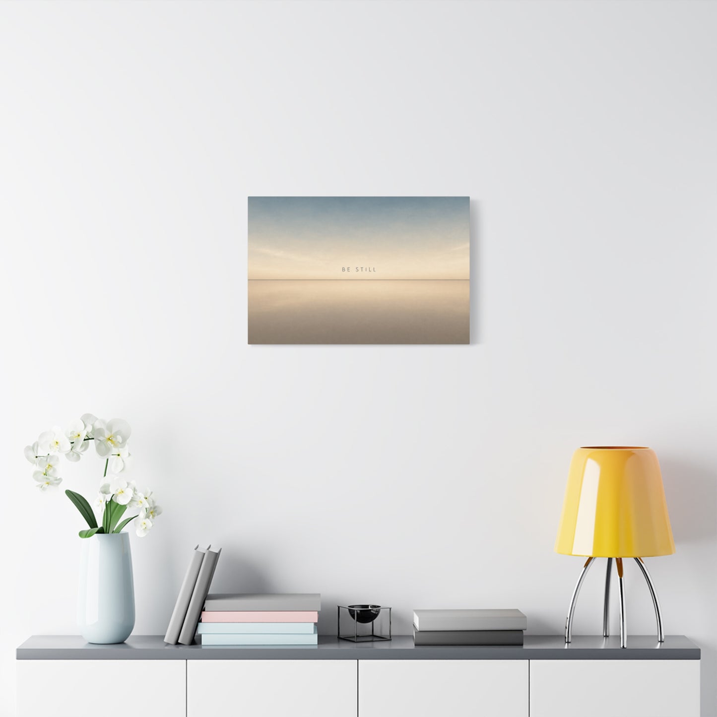 "Be Still" Minimalist Canvas Wall Art - Serene Horizon Typography Print, Neutral Blue Beige Coastal Style - Bedroom Wall Decor, Meditation Space Home Decoration - Ready to Hang - Cozy Reading Nook Art