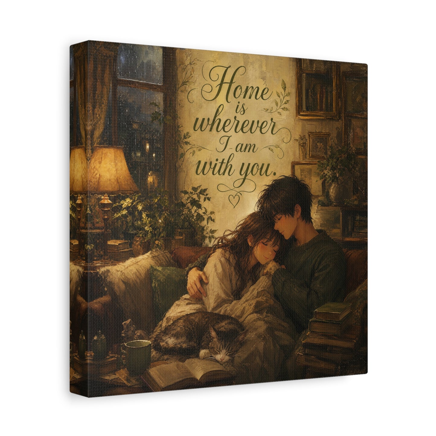 "Home Is Wherever I Am With You." Couple Canvas Wall Art - Romantic Cozy Reading Nook Quote Print - Vintage Warm Lamplight Style - Living Room Wall Decor, Bedroom Home Decoration - Ready to Hang