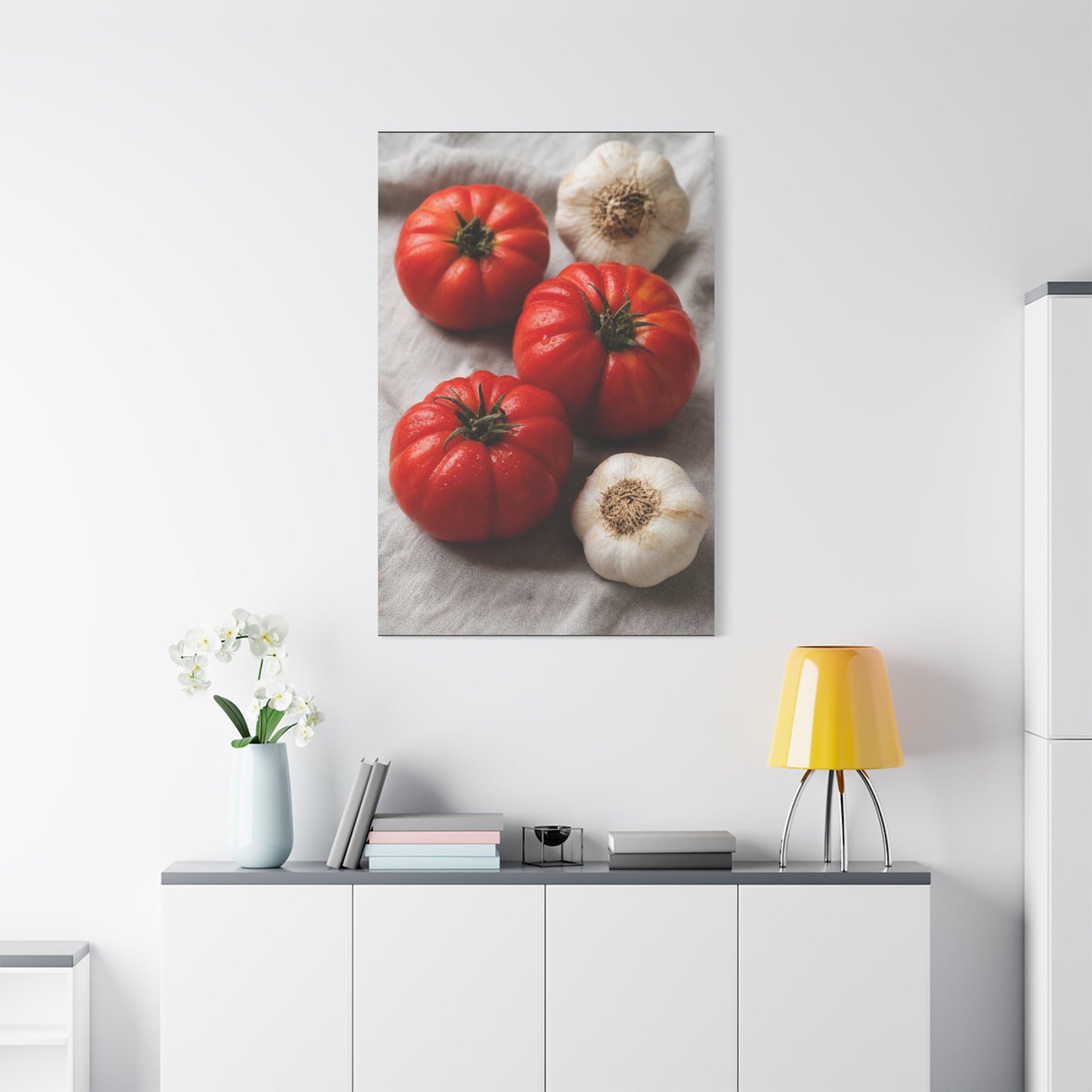 Heirloom Tomato Still Life Canvas Wall Art - Garlic Kitchen Food Art Print - Rustic Matte Canvas Decor - Farmhouse Dining Room Accent, Contemporary Culinary Wall Decor - Modern Farmhouse Style