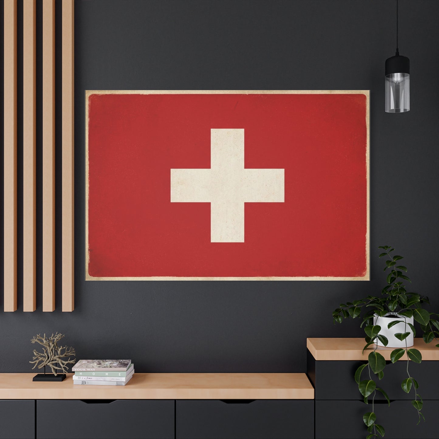 Swiss Flag Canvas Wall Art - Vintage Red White Cross Print, Patriotic Minimalist Decor - Rustic Travel Style - Living Room Wall Decor, Office Art - Bedroom Home Decoration - Bedroom Home Decoration