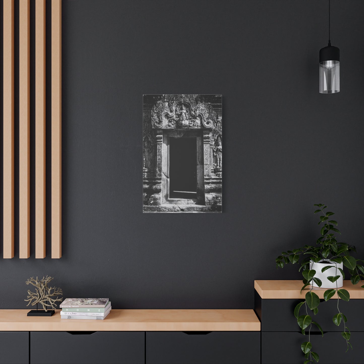Buddhist Temple Doorway Canvas Wall Art - Black And White Stone Carving, Religious Architecture Print, Traditional Monochrome Decor - Living Room Wall Decor, Office Art - Bedroom Home Decoration