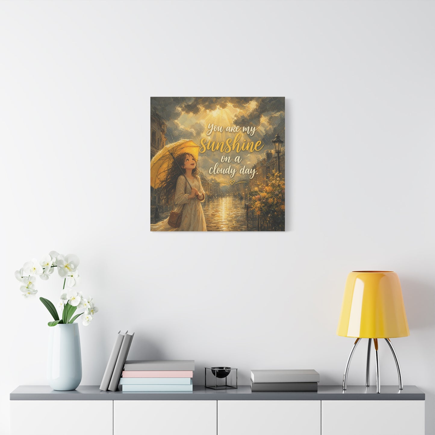 "You Are My Sunshine On A Cloudy Day" Canvas Wall Art - Girl With Yellow Umbrella Quote Print - Golden Rainy Street Painting, Inspirational Decor - Bedroom Home Decoration - Living Room Wall Decor