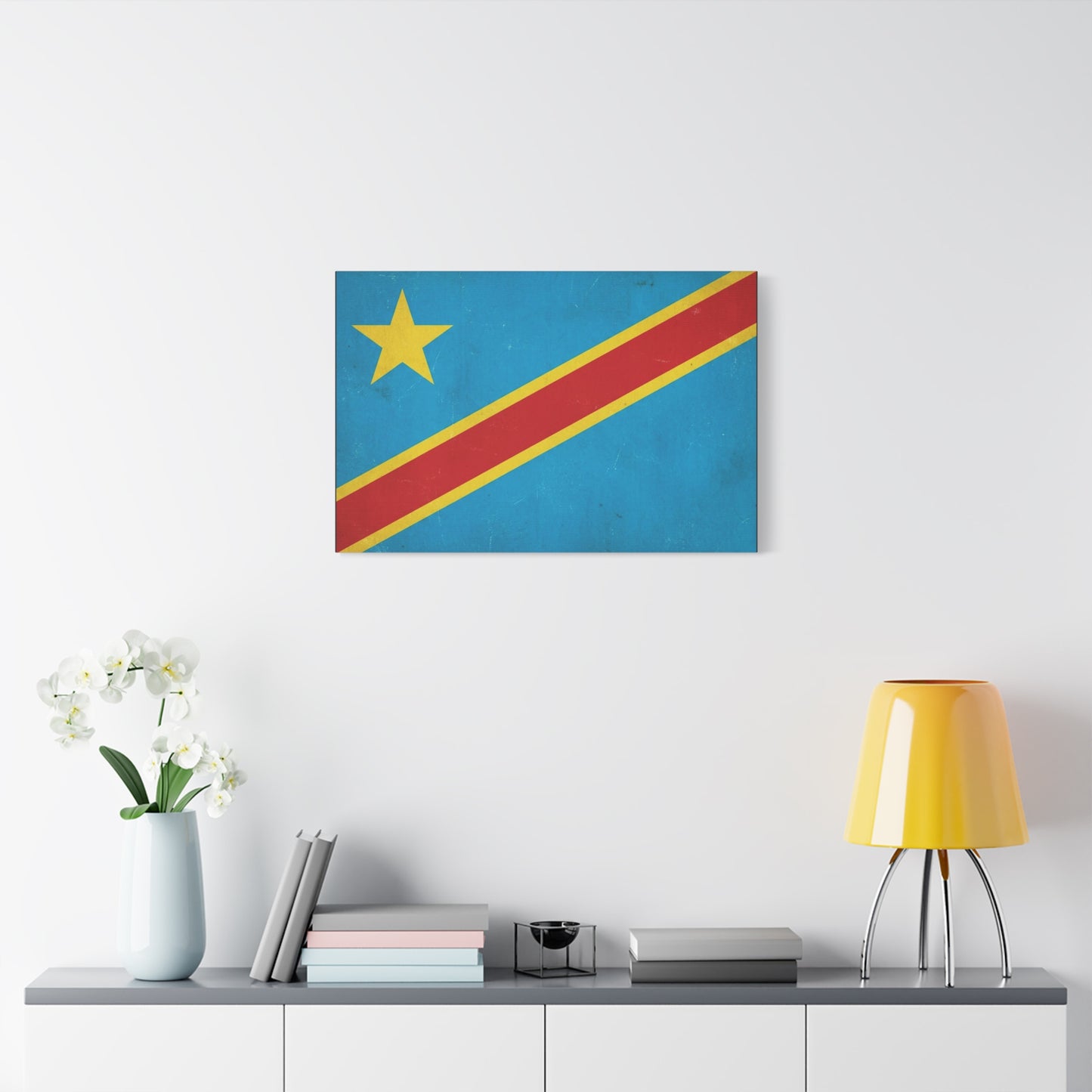 Democratic Republic Of The Congo Flag Canvas Wall Art - Vintage Patriotic Country Print, Distressed Blue Red Yellow Design - Cultural Pride Decor - Living Room Bedroom Office Accent - Office Wall Art
