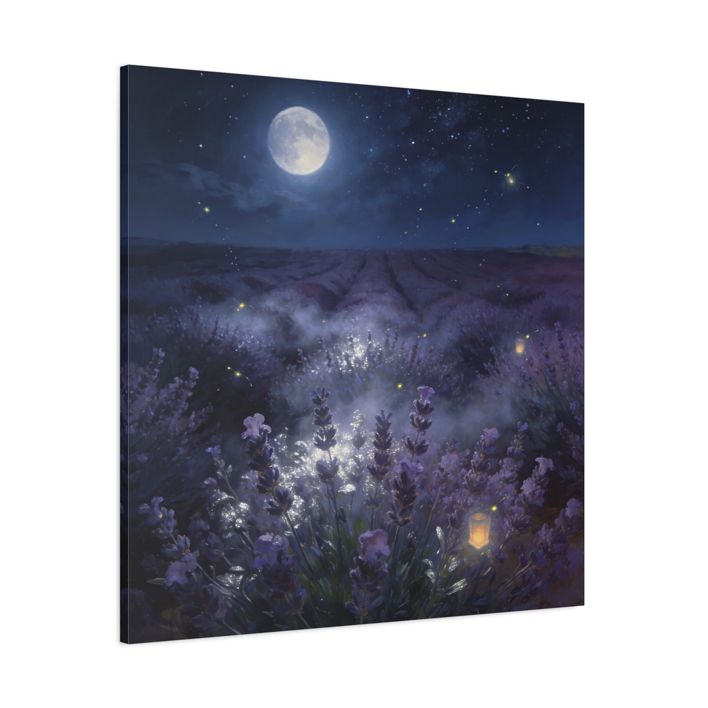 Moonlit Lavender Field Canvas Wall Art - Firefly Night Landscape, capiz shells wall decor - Matte Cotton Art Print, Calming Traditional Style - Bedroom Home Decoration, Office Wall Art - Ready to Hang