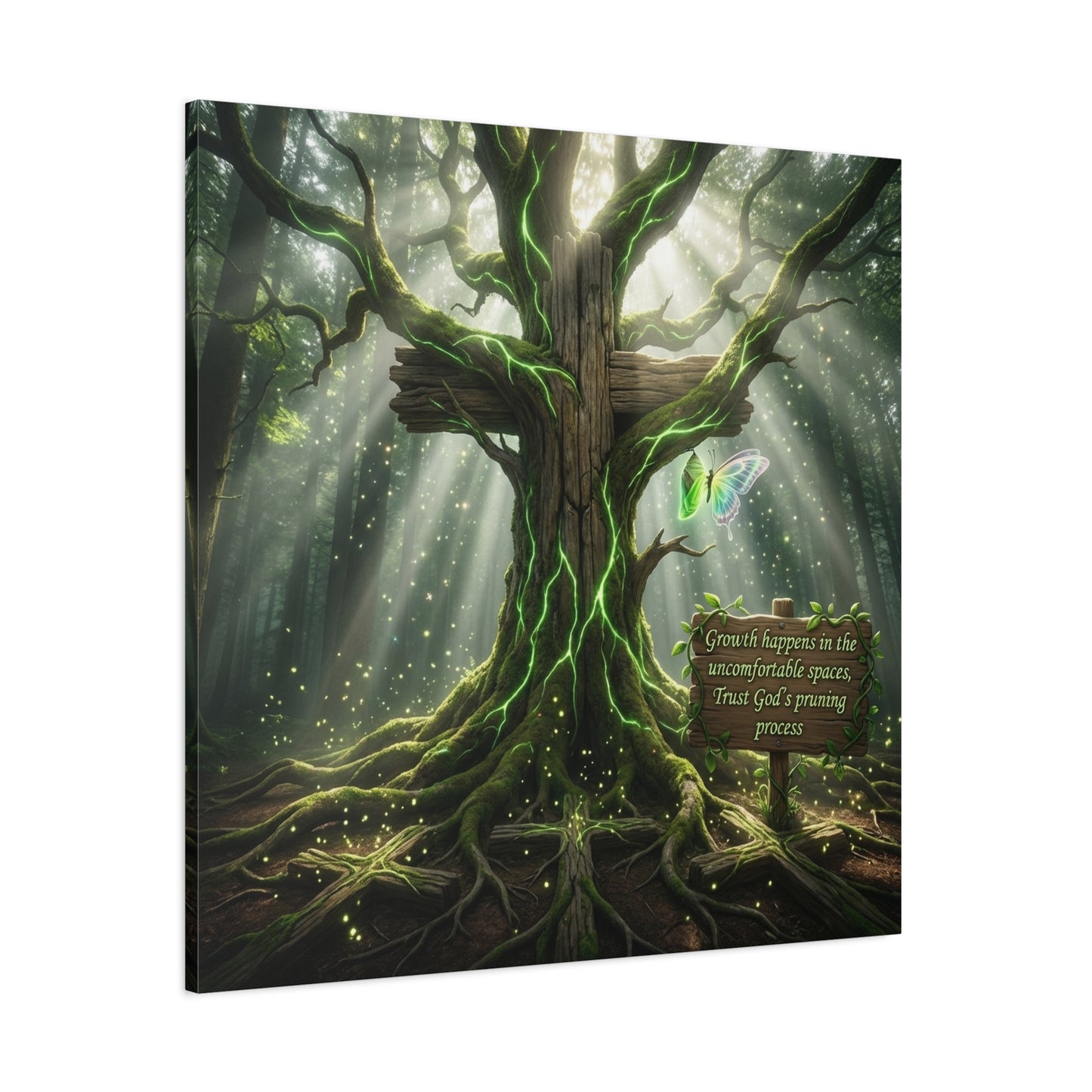 "Growth Happens In The Uncomfortable Spaces, Trust God's Pruning Process" Christian Canvas Wall Art - Forest Tree Cross, Butterfly - Inspirational Rustic Decor - Living Room Wall Decor - Ready to Hang