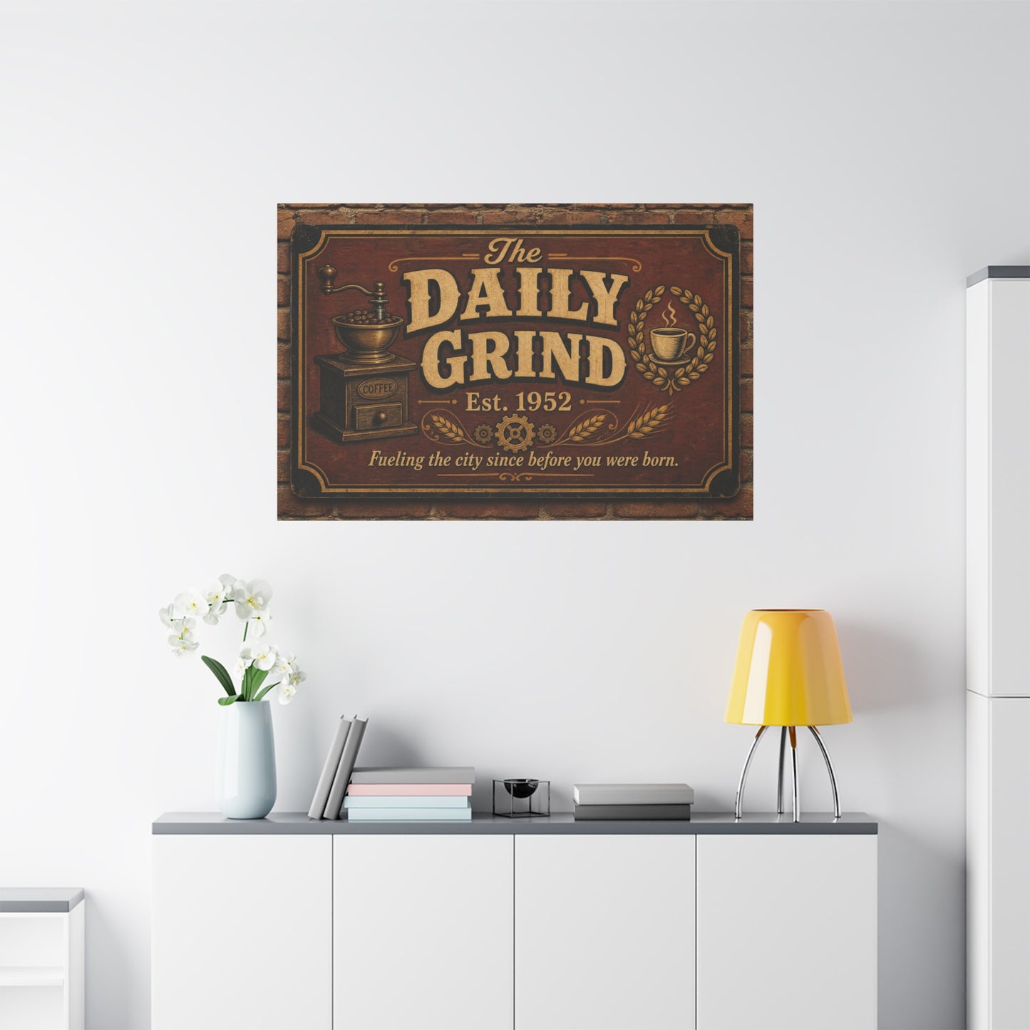 "The Daily Grind" Coffee Canvas Wall Art - Vintage Cafe Sign, Rustic Brown Typography Print, Farmhouse Decor, Coffee Bar Wall Hanging - Bistro Decor - Espresso Bar Sign - Gallery Wrapped Canvas