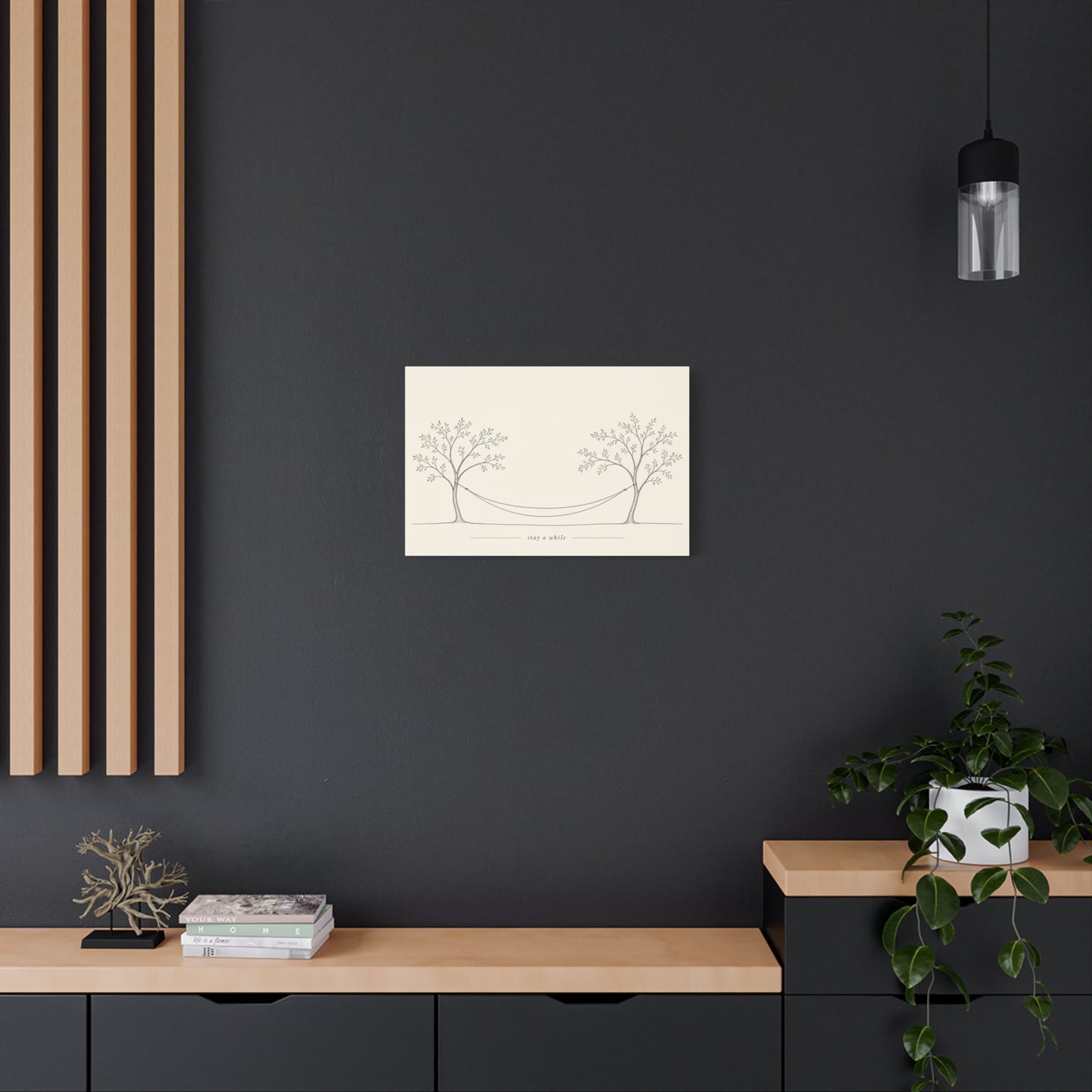 "Stay A While" Hammock Between Trees Canvas Wall Art - Minimalist Botanical Line Drawing, Neutral Beige Cotton Canvas Print - Bedroom Wall Decor, Living Room Home Decoration - Bedroom Home Decoration