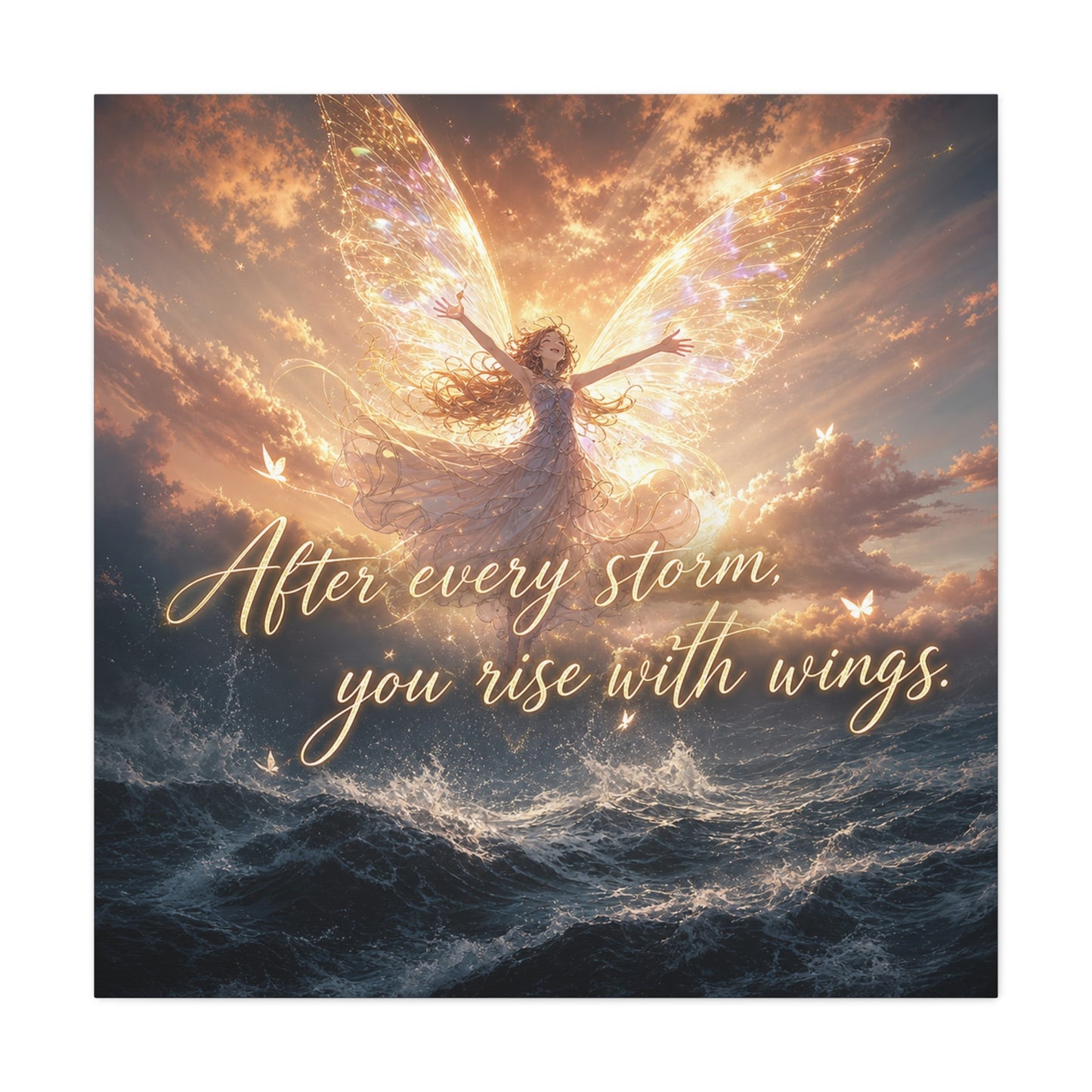"After Every Storm, You Rise With Wings." Fairy Canvas Wall Art - Inspirational Ocean Sky Quote Print - Golden Ethereal Fantasy Decor - Bedroom Wall Hanging, Living Room Accent - Ready to Hang
