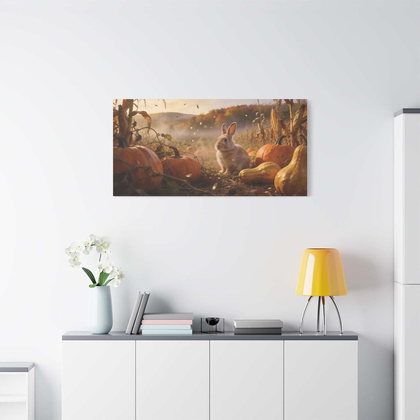 Autumn Bunny Canvas Wall Art - Rabbit In Pumpkin Patch, Golden Harvest Farm Scene - Rustic Matte Canvas Print - Bedroom Wall Decor, Living Room Home Decoration, Nursery Accent - Modern Farmhouse Style