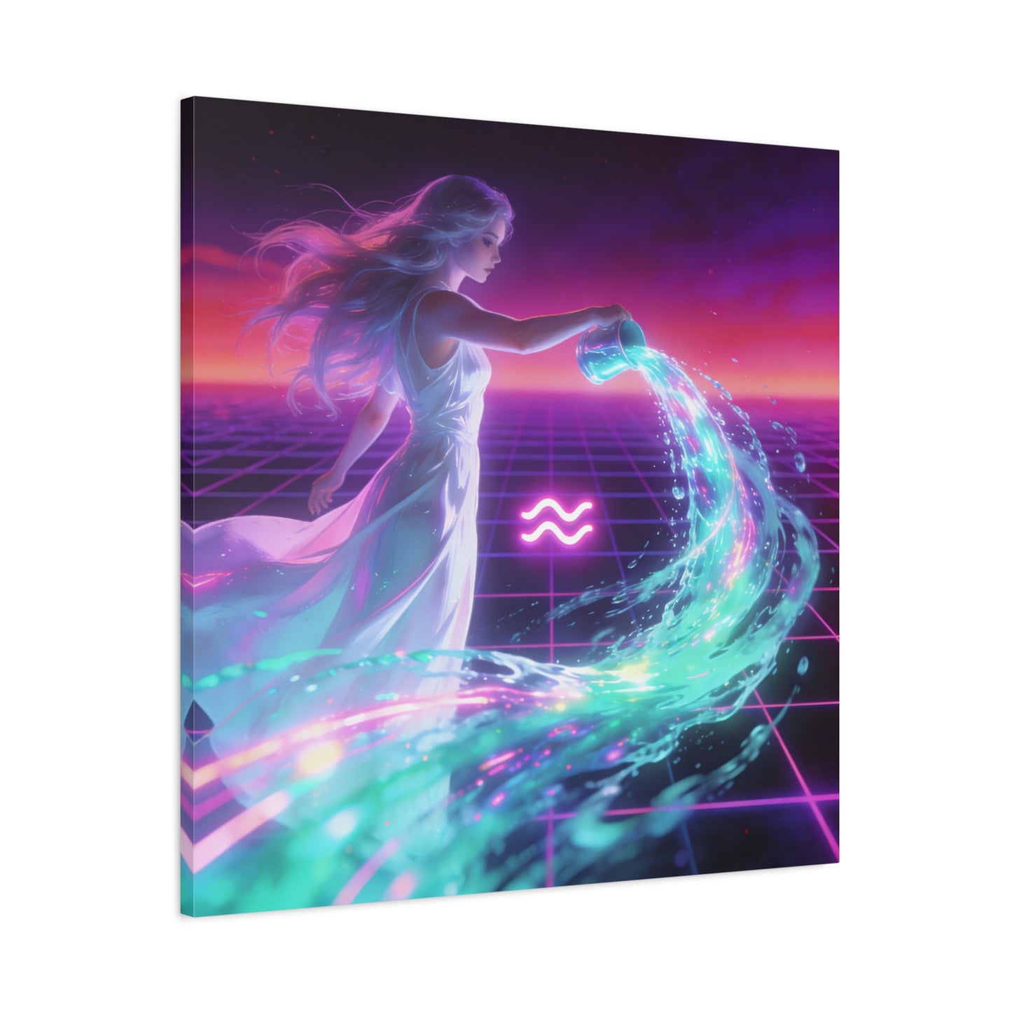 Aquarius Woman Canvas Wall Art - Neon Water Bearer Zodiac Illustration, Retro Synthwave Aesthetic - Matte Canvas Print - Bedroom Wall Decor, Home Office Accent, Mystical Decor - Modern Farmhouse Style