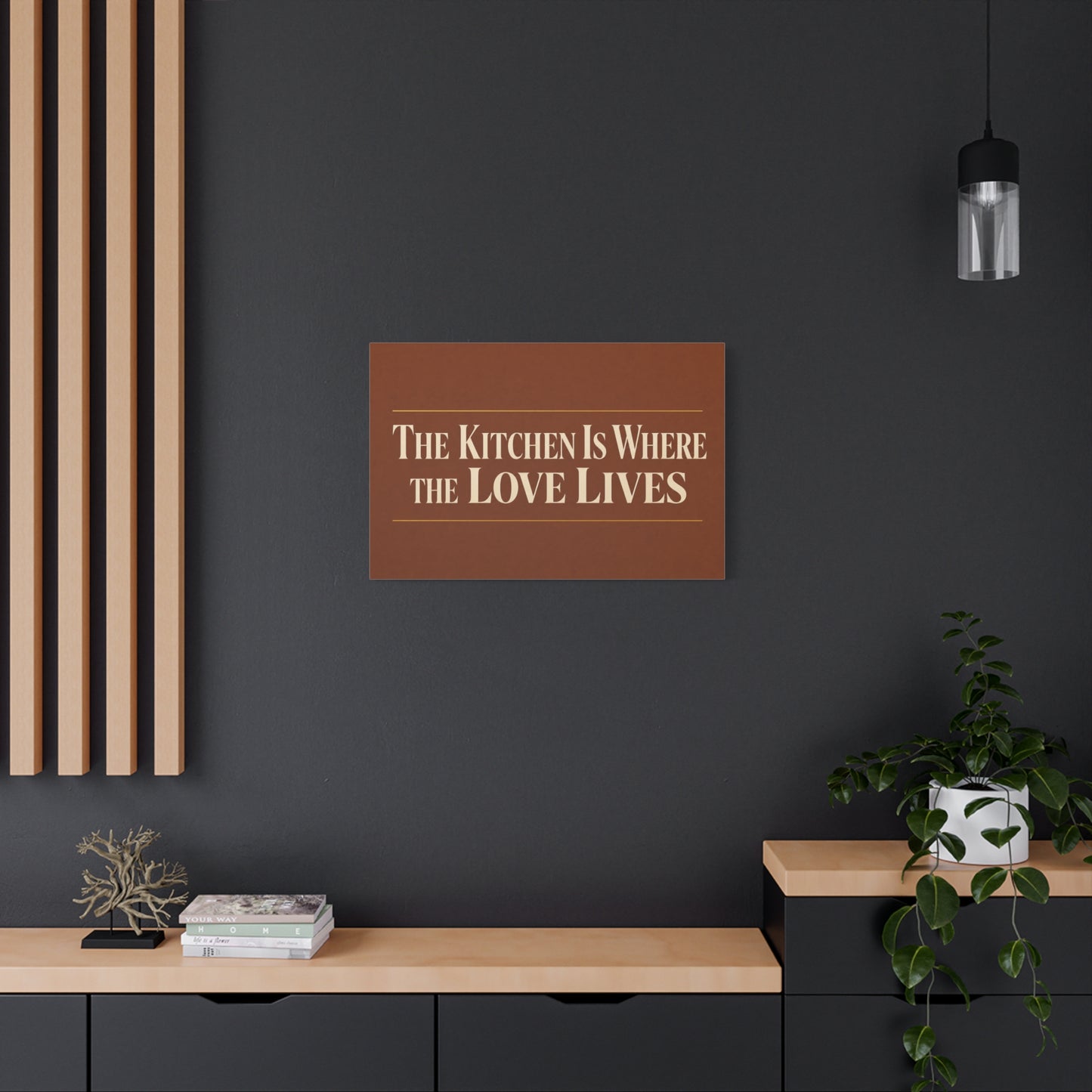 "The Kitchen Is Where The Love Lives" Canvas Wall Art - Typography Kitchen Decor, Brown Minimalist Quote Print, Farmhouse Dining Room Decoration - Living Room Wall Decor - Bedroom Home Decoration