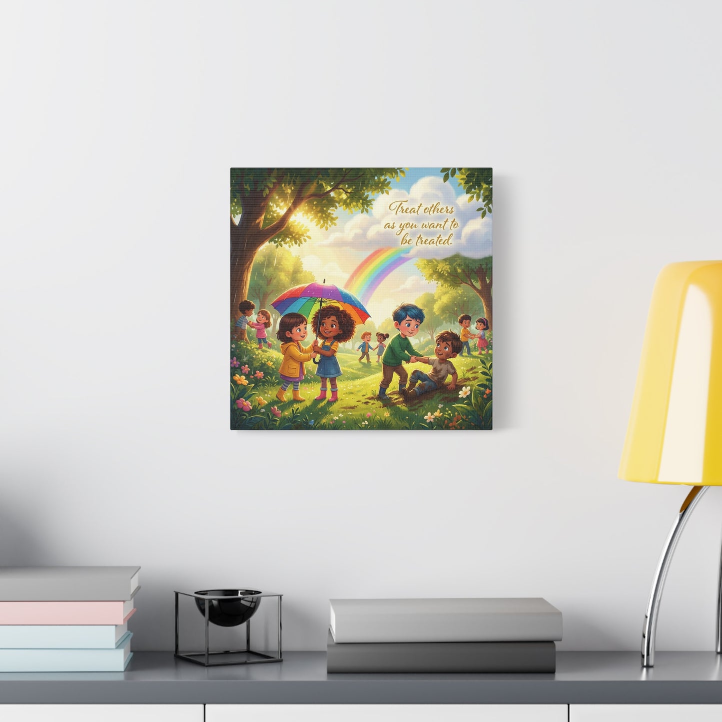 "Treat Others As You Want To Be Treated" Kids Canvas Wall Art - Rainbow Kindness Quote, Children Helping In Sunny Park - Matte Cotton Print - Playroom Classroom Decor, Nursery Wall Hanging