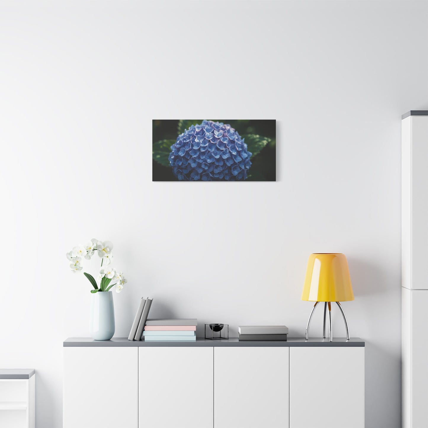 Blue Hydrangea Canvas Wall Art - Botanical Floral Close Up Art Print - Matte Cotton Art Print, Moody Garden Style - Bedroom Wall Decor, Bathroom Accent, Spa Inspired Home Decoration - Ready to Hang