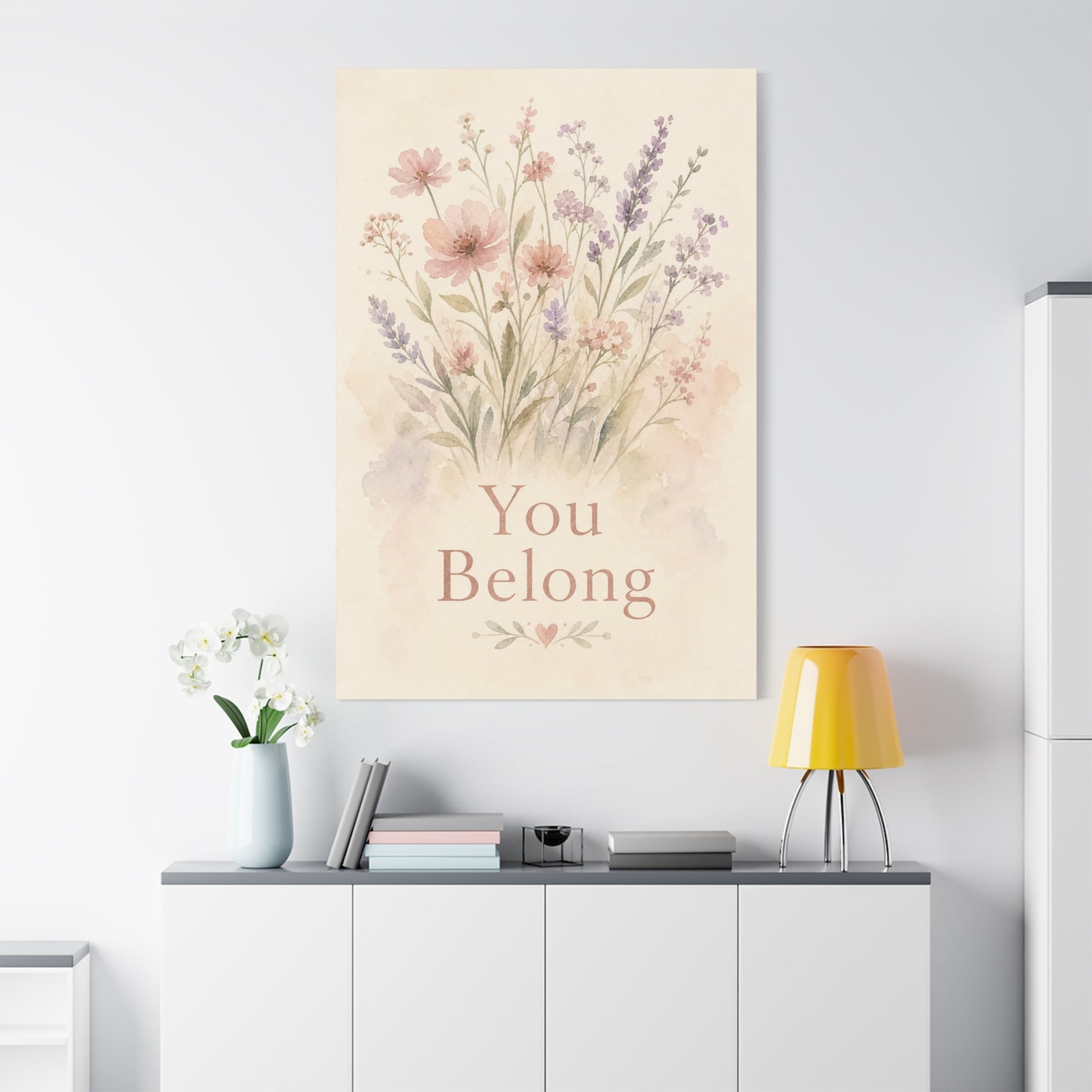"You Belong" Floral Canvas Wall Art - Watercolor Wildflower Quote Print, Pink Lavender Botanical Decor - Inspirational Bedroom Home Decoration, Nursery Wall Hanging - Bedroom Home Decoration