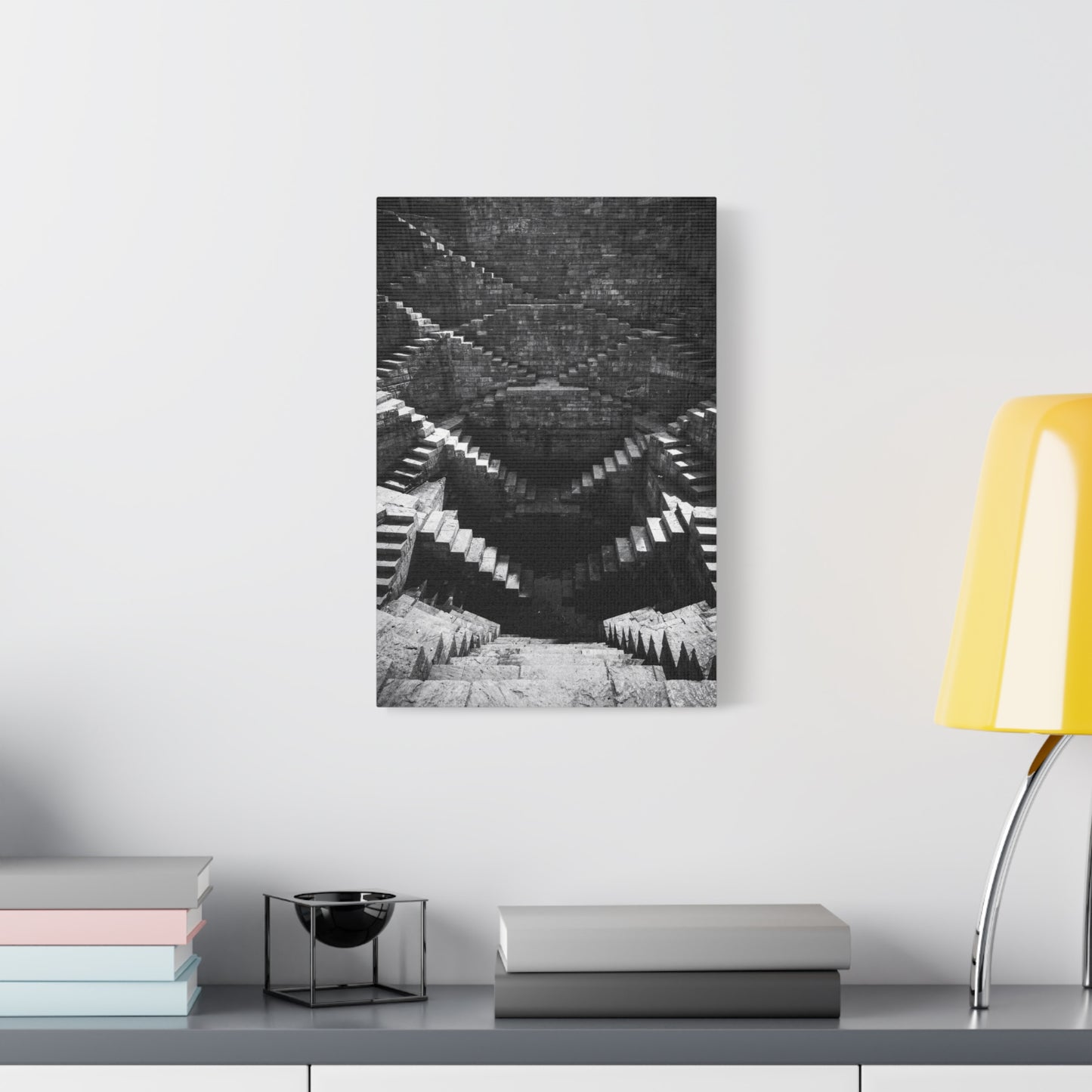 Black And White Stepwell Canvas Wall Art - Architectural Staircase Art Print, Moody Monochrome Stone Geometry - Contemporary Wall Decor For Living Room, Office, Entryway - Ready to Hang