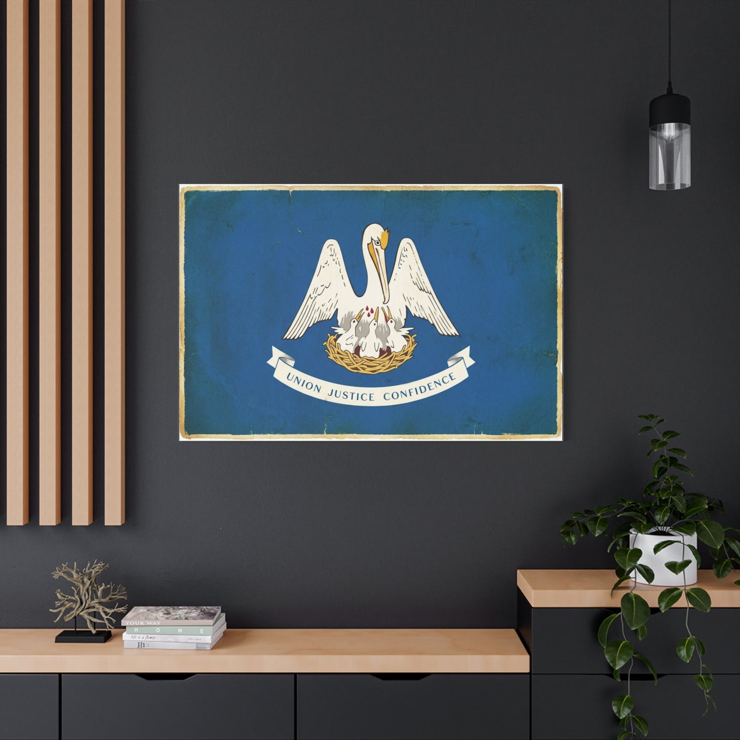 "Union Justice Confidence" Louisiana State Flag Canvas Wall Art - Vintage Pelican Crest Print, Distressed Blue Banner, Patriotic Traditional Decor - Living Room Office Wall Decor - Ready to Hang